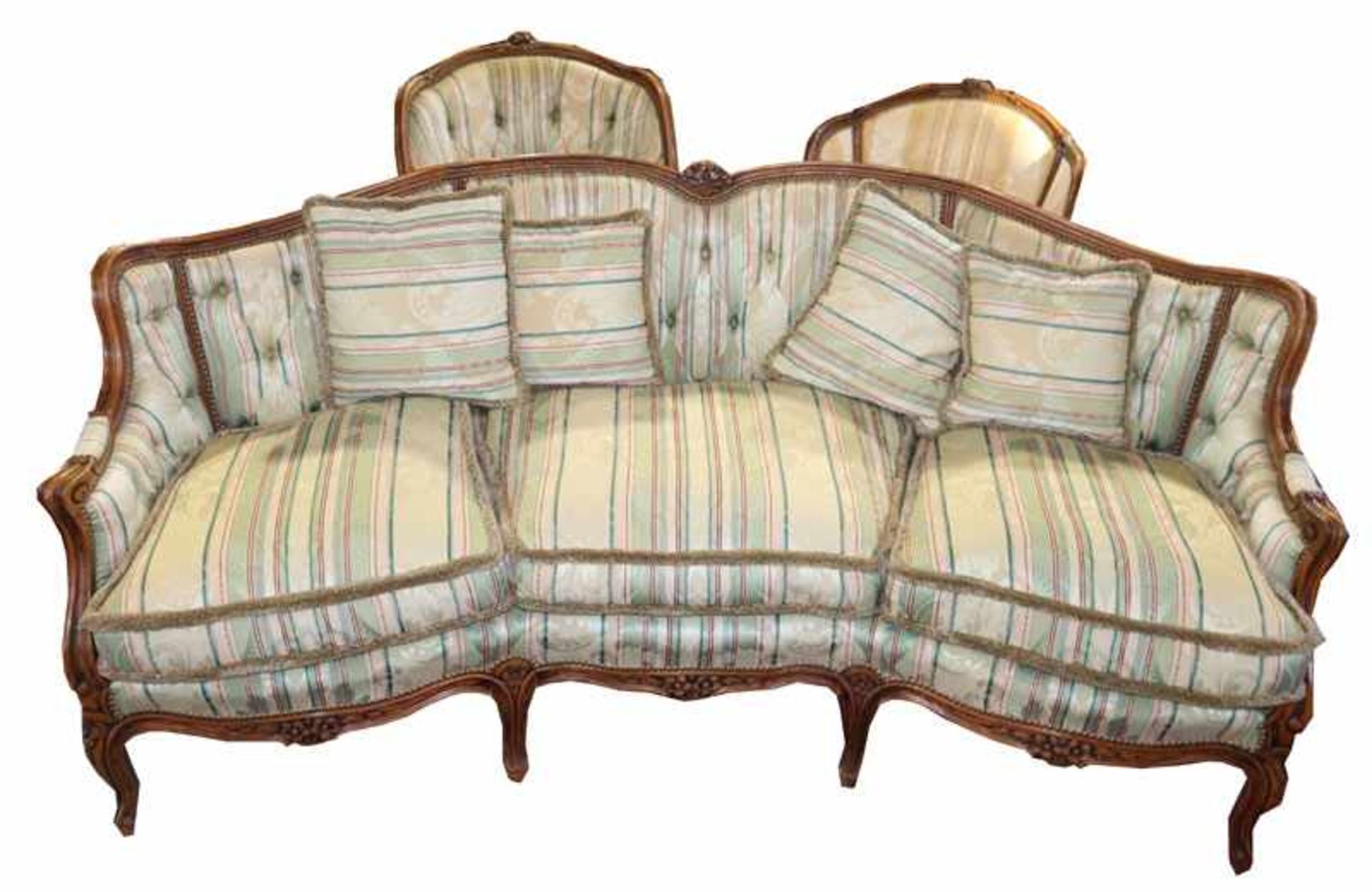 Halbrundes Sofa, Holzrahmen teils beschnitzt, gepolstert und bezogen, H 87 cm, B 190 cm, T 62 cm,