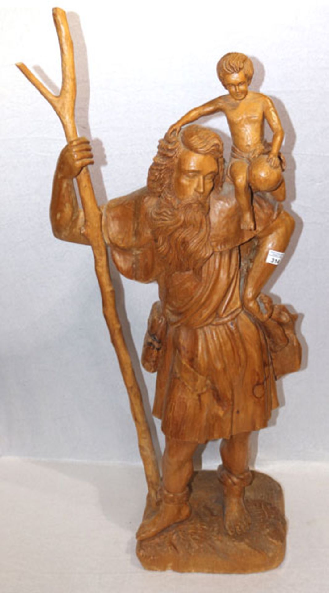 Große Holzskulptur 'Heiliger Christophorus', H 113 cm, B 53 cm, T 28 cm, Trocknungsrisse