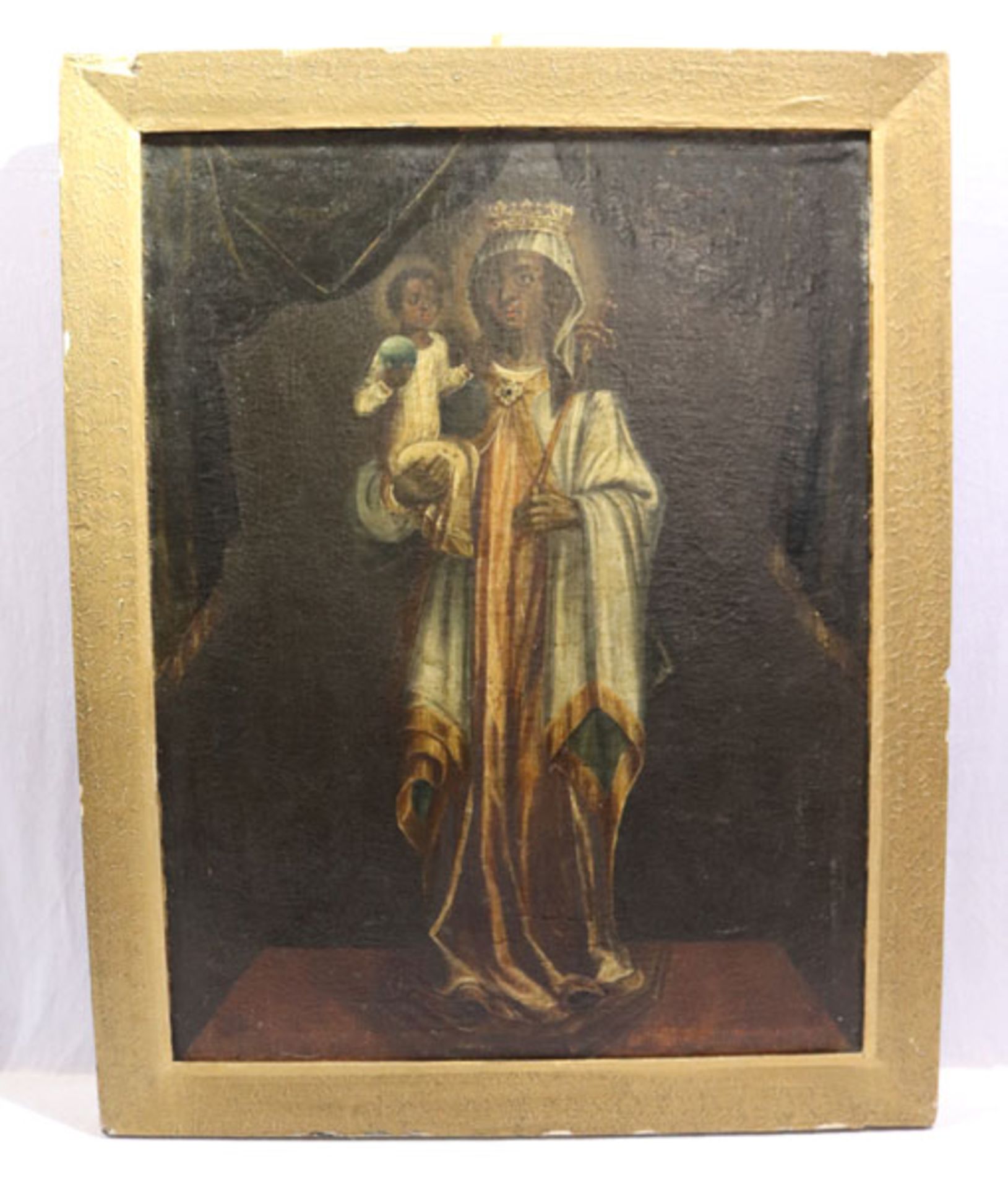 Gemälde ÖL/LW 'Schwarze Madonna mit Krönungsornat', um 1800, LW beschädigt mit Altersspuren,
