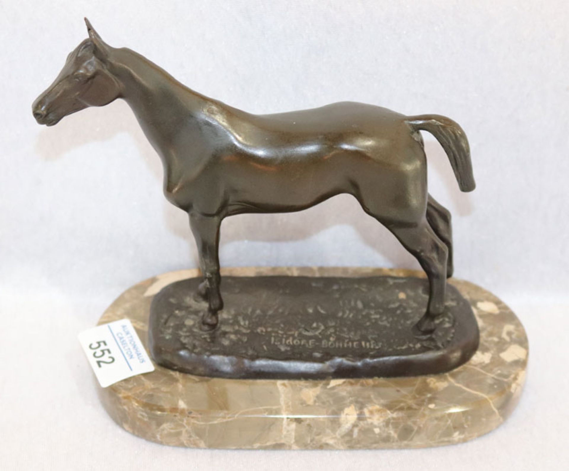Bronze Tierskulptur 'Pferd', signiert Isidore Bonheur ?, auf ovaler Marmorplinthe, H 17,5, B 19