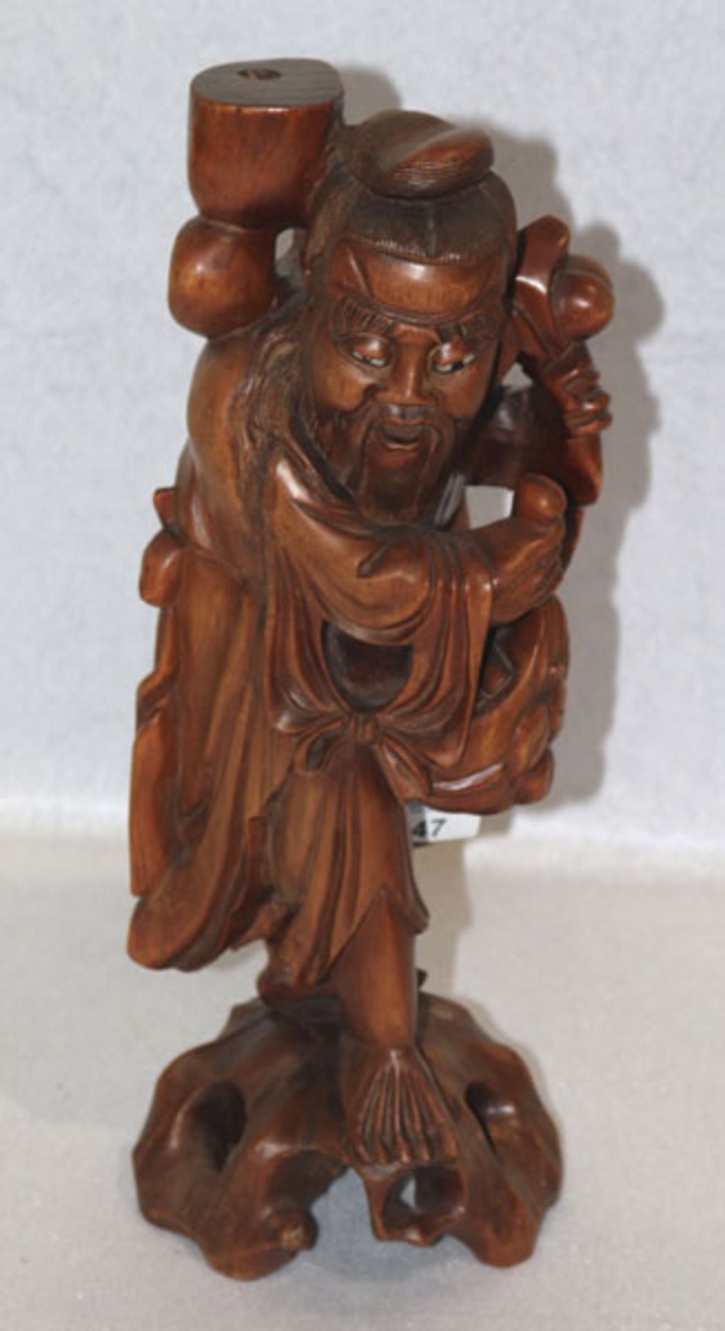 Holz Figurenskulptur 'Chinesischer Bauer', Holzsockel hat Riss, H 37 cm