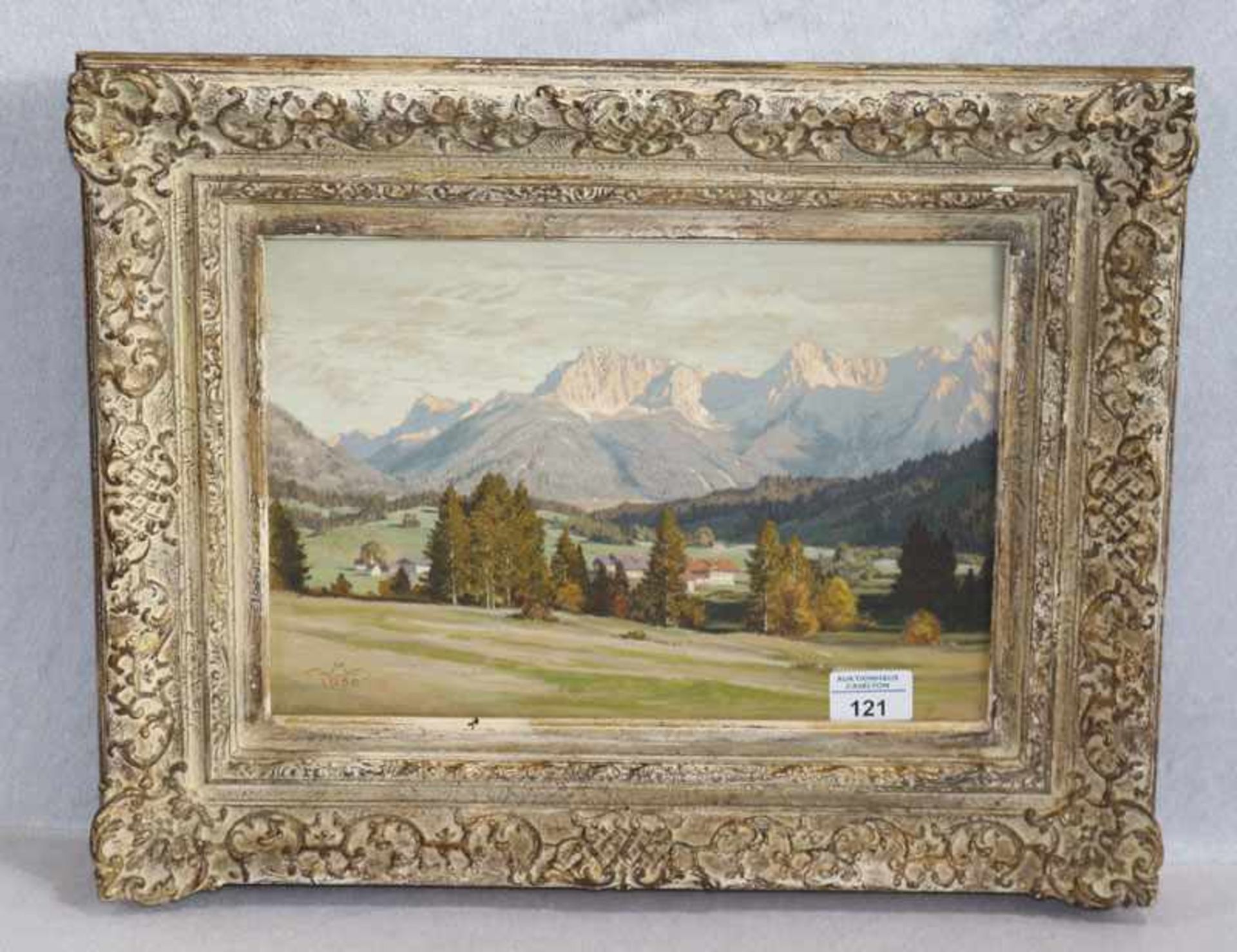 Gemälde ÖL/Holz 'Abendsonne im Karwendel', monogrammiert MVV, datiert 1950, für Max Vogt-