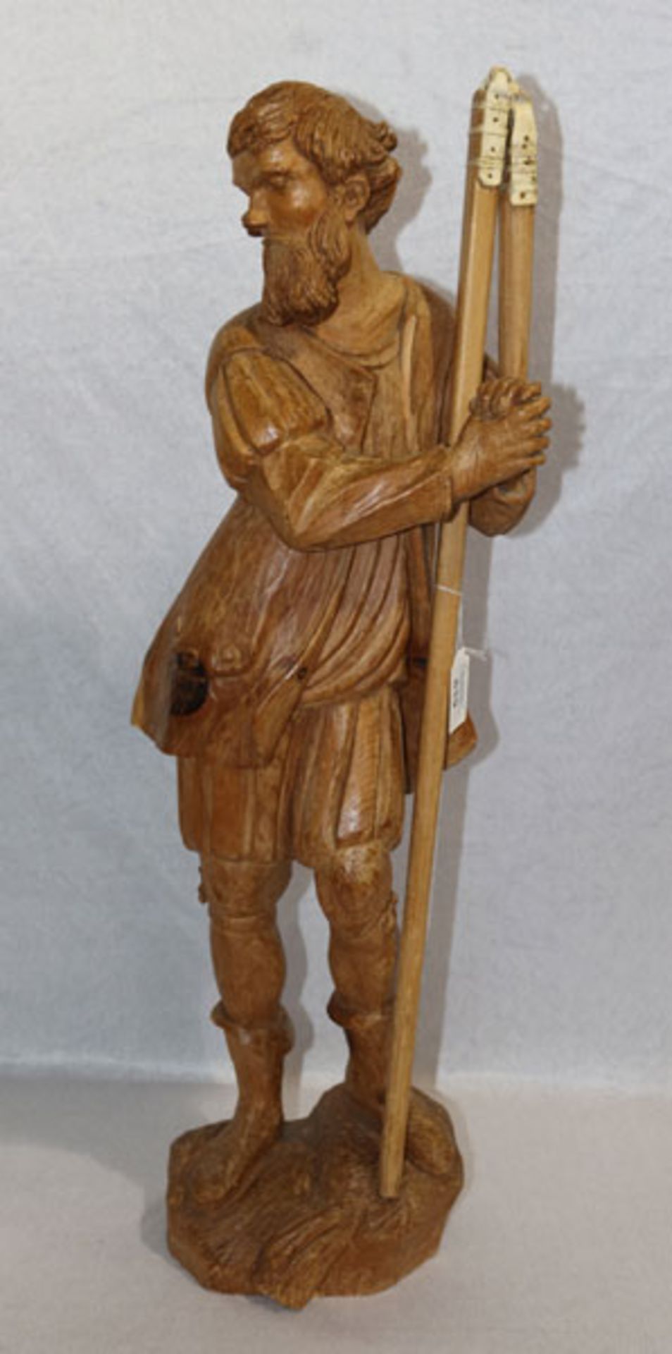 Holz Figurenskulptur 'Bauer mit Dreschflegel', H 78 cm, teils beschädigt