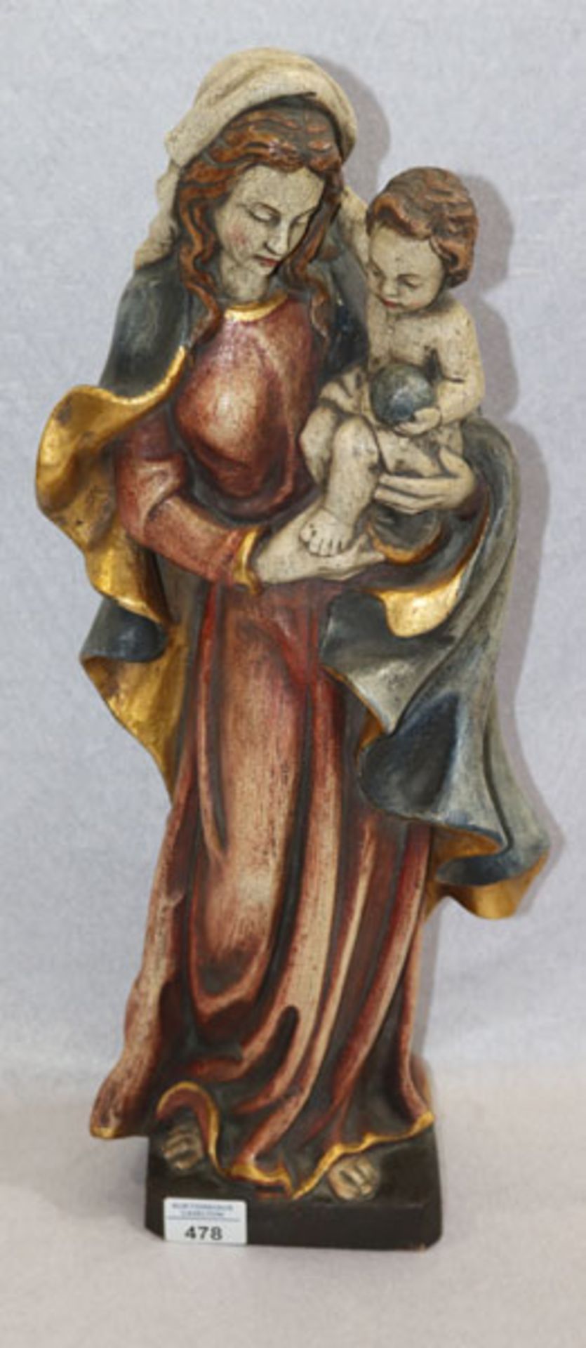Holz Figurenskulptur 'Maria mit Kind', farbig gefaßt, H 55 cm