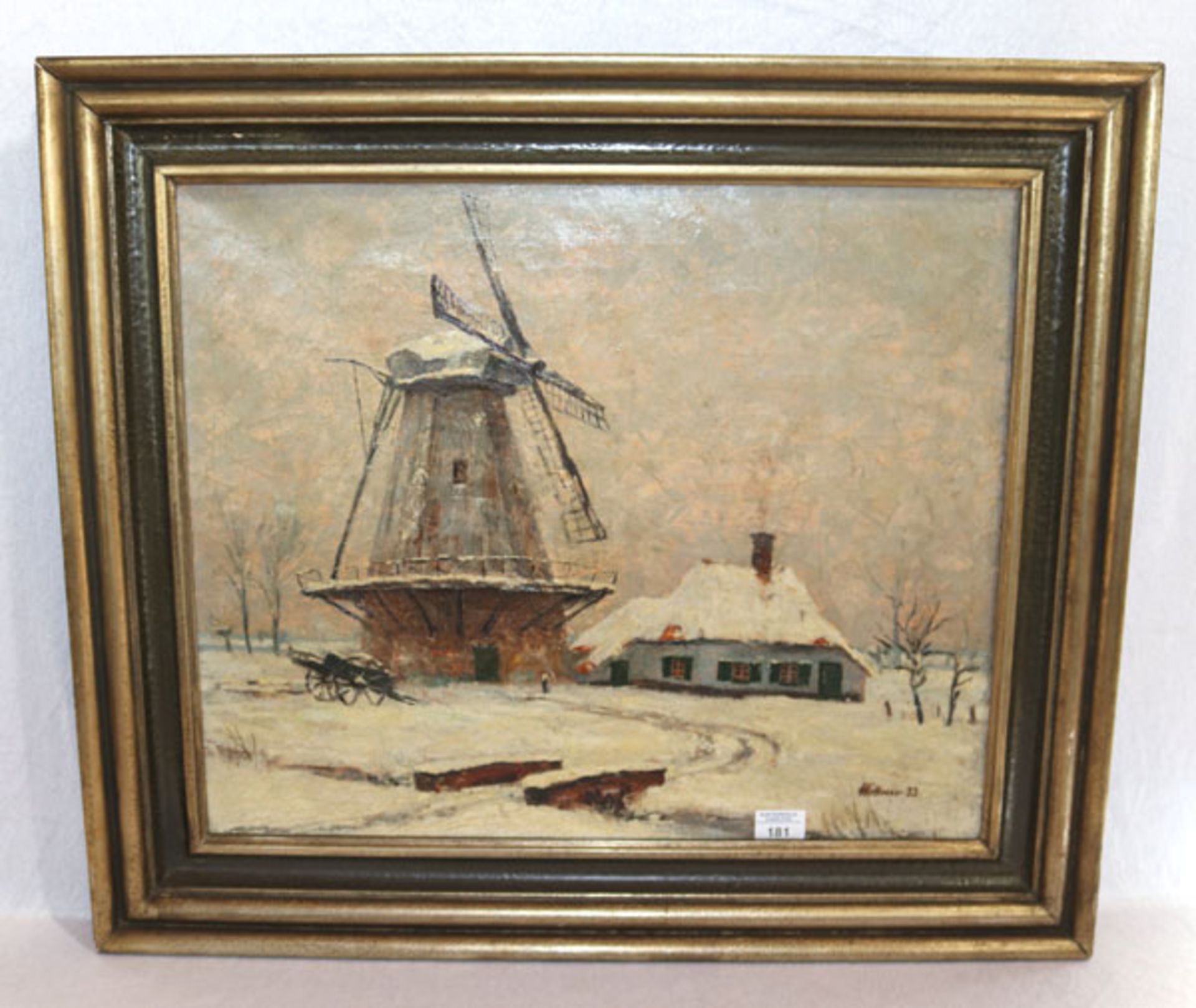 Gemälde ÖL/LW 'Winterlandschaft mit Windmühle', signiert Mittner ?, datiert 33, gerahmt, Rahmen