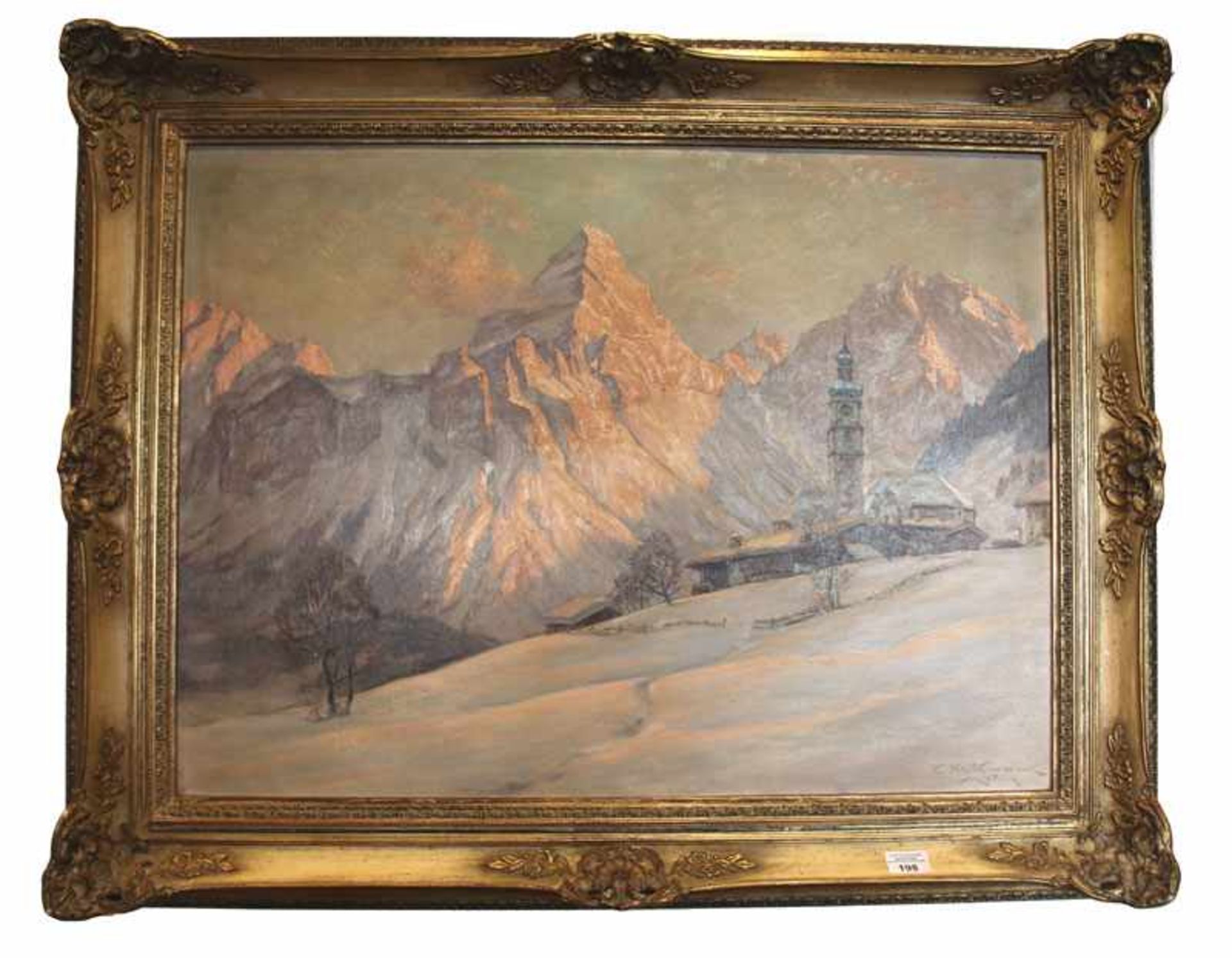Gemälde ÖL/LW 'Lermoos mit Kirche im Winter', signiert E. Kettemann, München, * 1897 München +