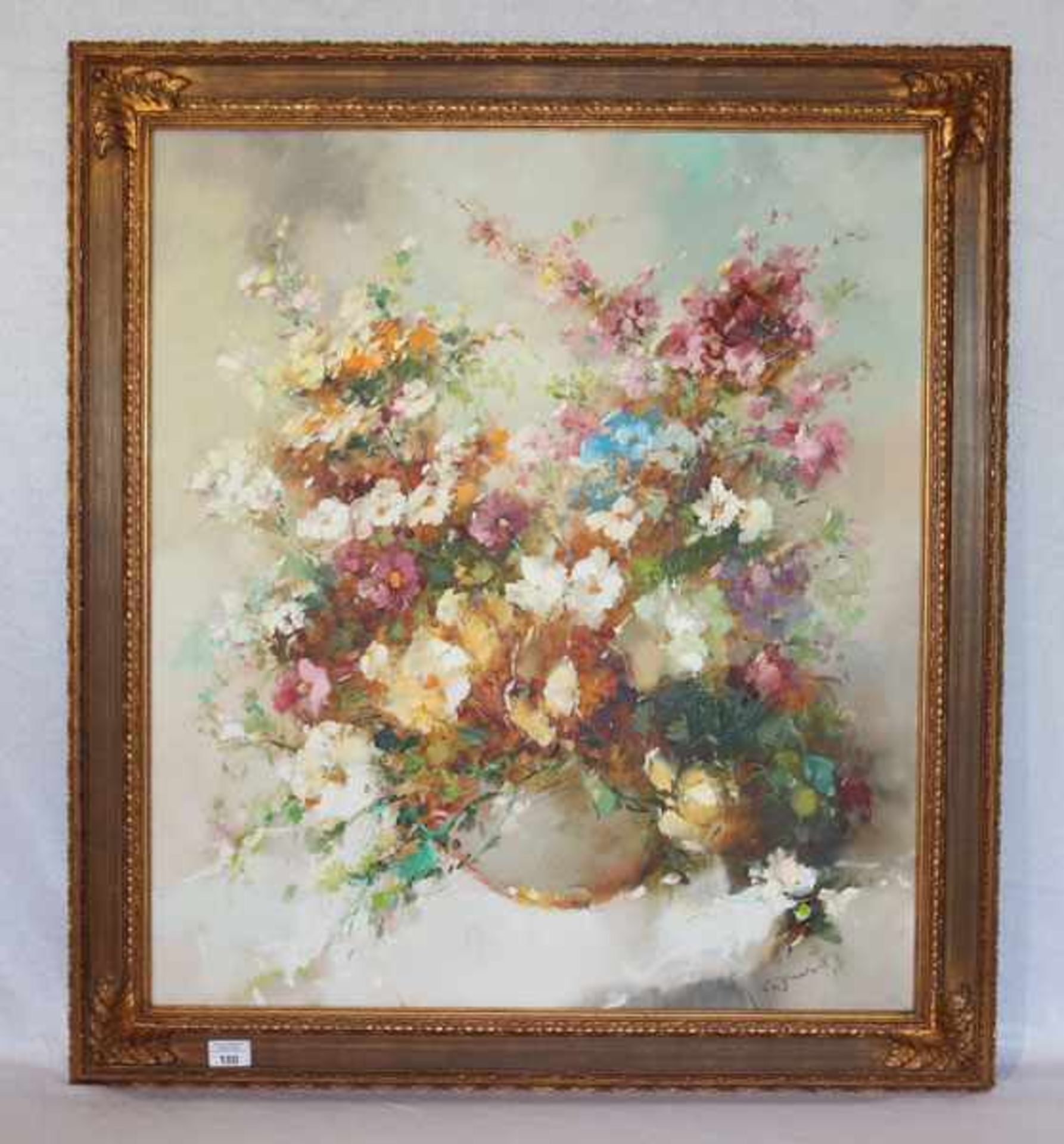 Gemälde ÖL/LW 'Blumenstillleben in Vase', undeutlich signiert, gerahmt, incl. Rahmen 95 cm x 85 cm
