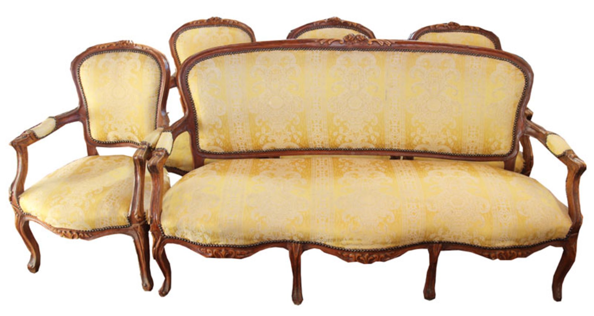 Sitzgarnitur in geschwungenem Holzrahmen, teils beschnitzt, Sofa: H 96 cm, B 168 cm, T 54 cm, und