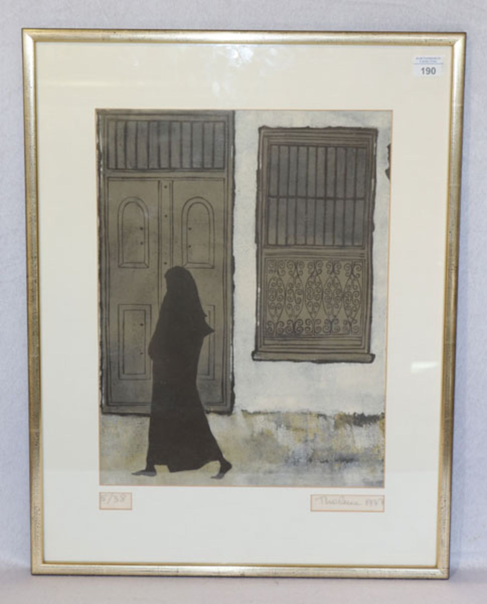 Holzschnitt ''Arabische Szenerie', Nr. 5/38, signiert Thelma ?, 1977, mit Passepartout gerahmt,