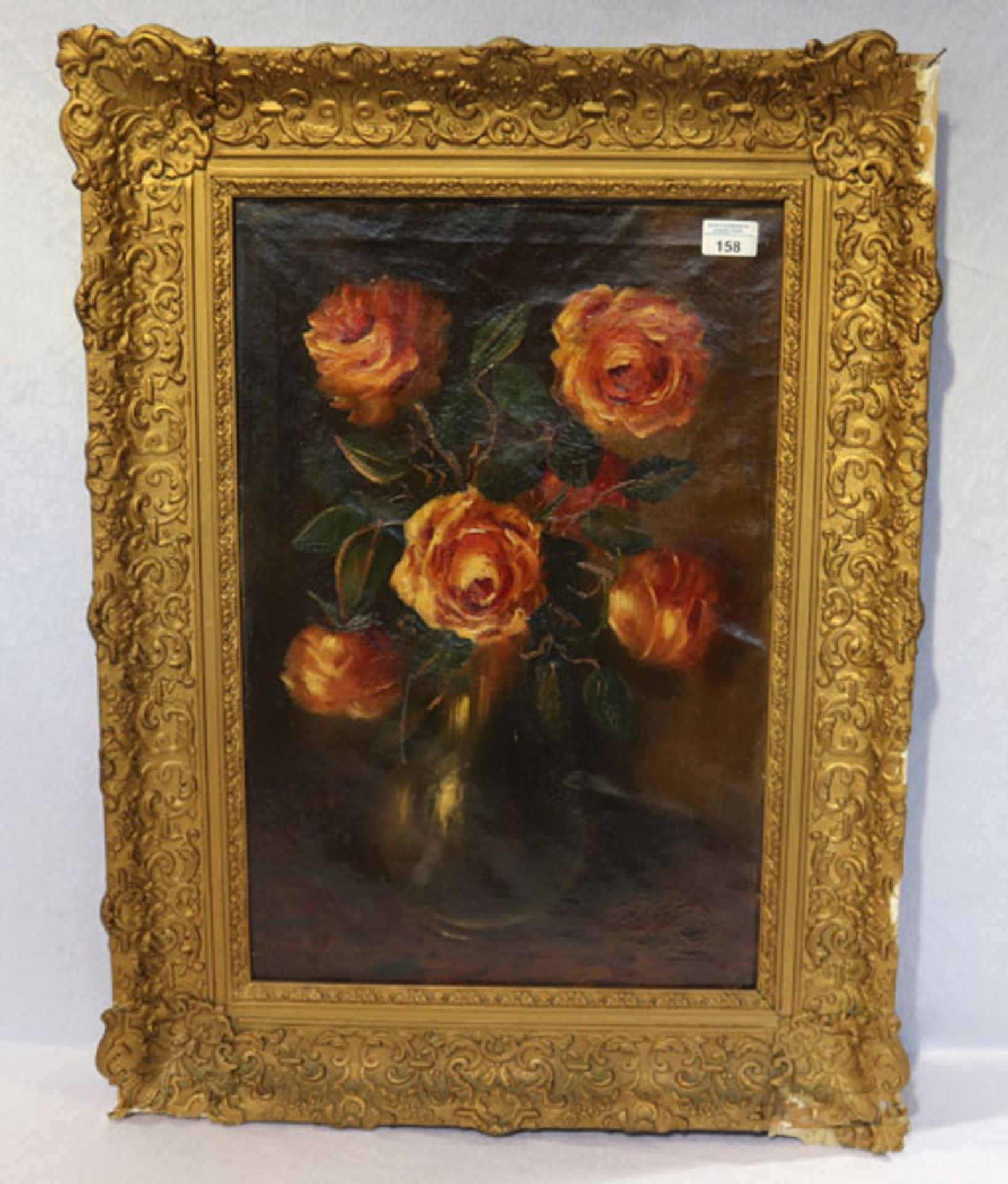 Gemälde ÖL/LW 'Blumenstillleben - Rosen in Vase', LW wellig, gerahmt, Rahmen beschädigt, incl.