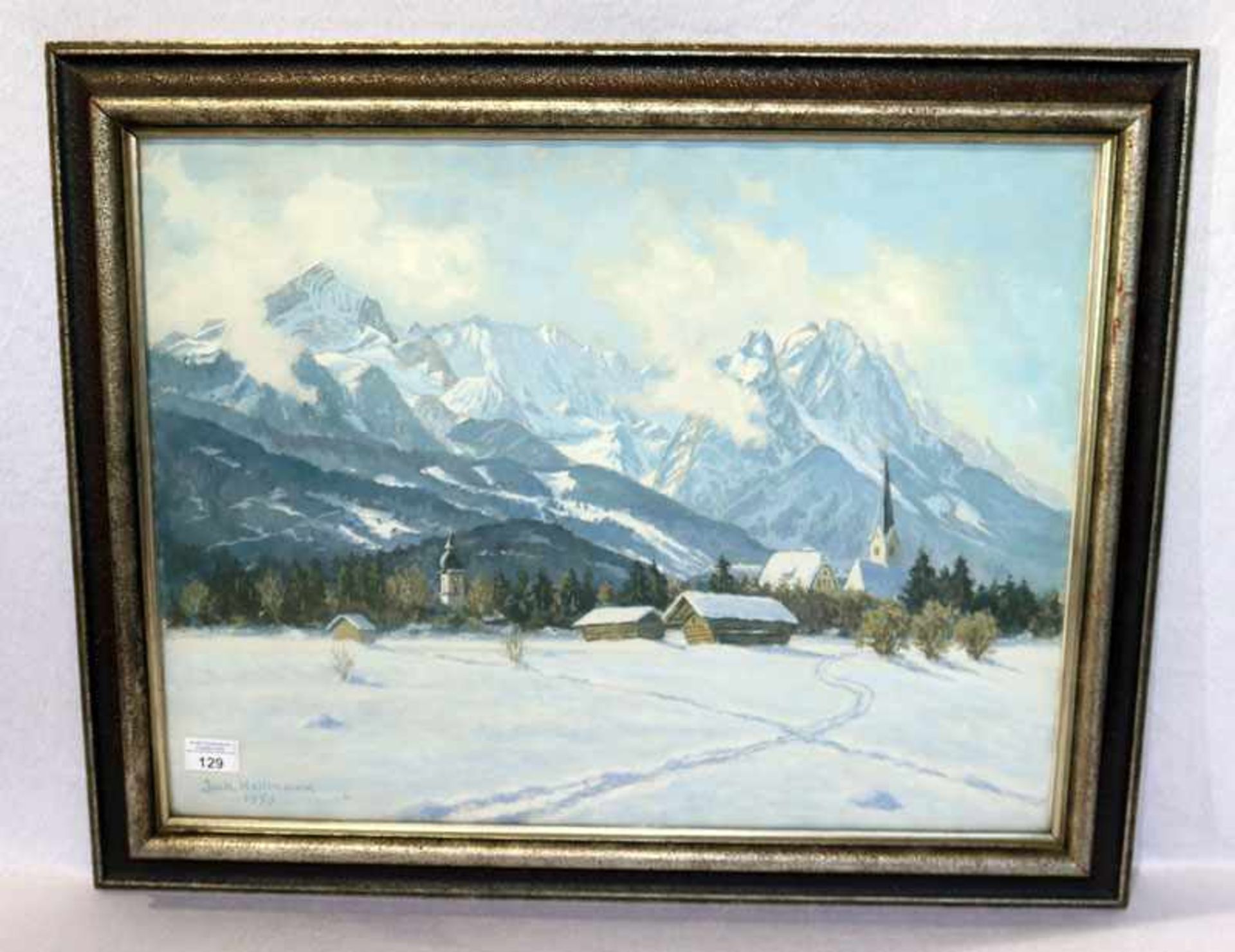 Gemälde Mischtechnik 'Wintertag in Garmisch', signiert Jakob Hellmann, datiert 1950, * 1877 Homburg/