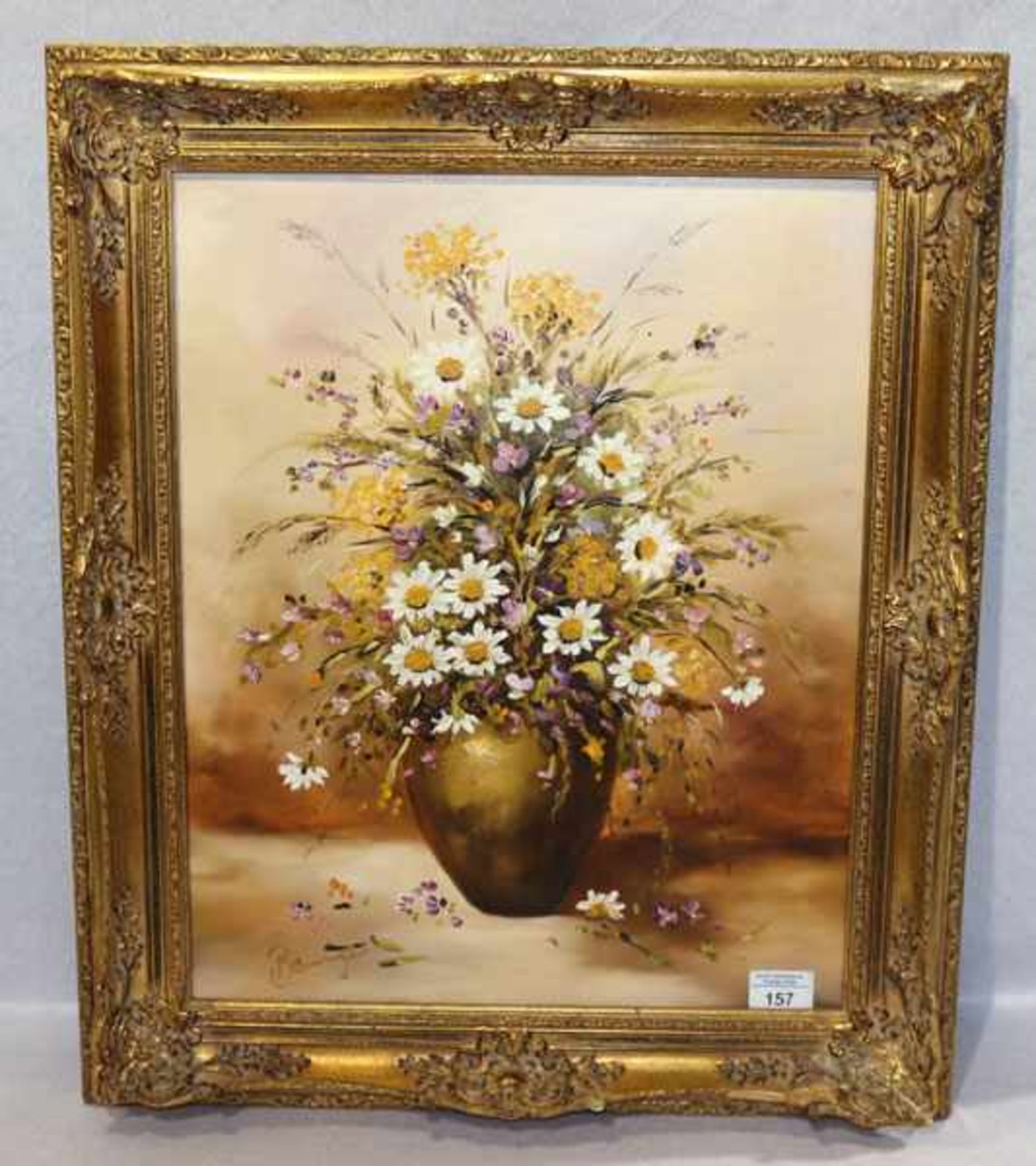 Gemälde ÖL/LW 'Blumenstrauß in Vase', unleserlich signiert, gerahmt, Rahmen beschädigt und