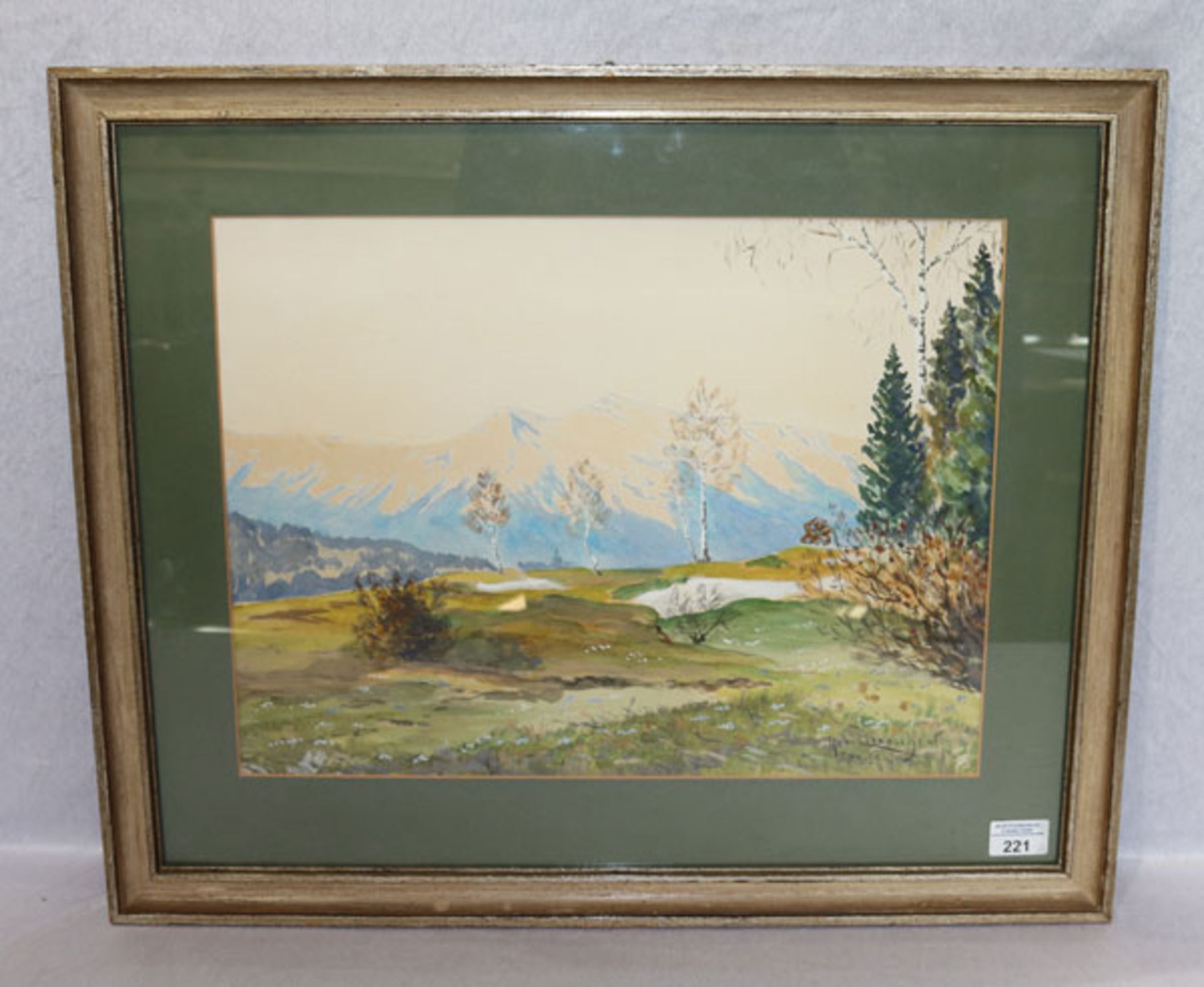 Aquarell 'Gebirgslandschaft im Frühling', signiert Max Eisemschenk, München, mit Passepartout