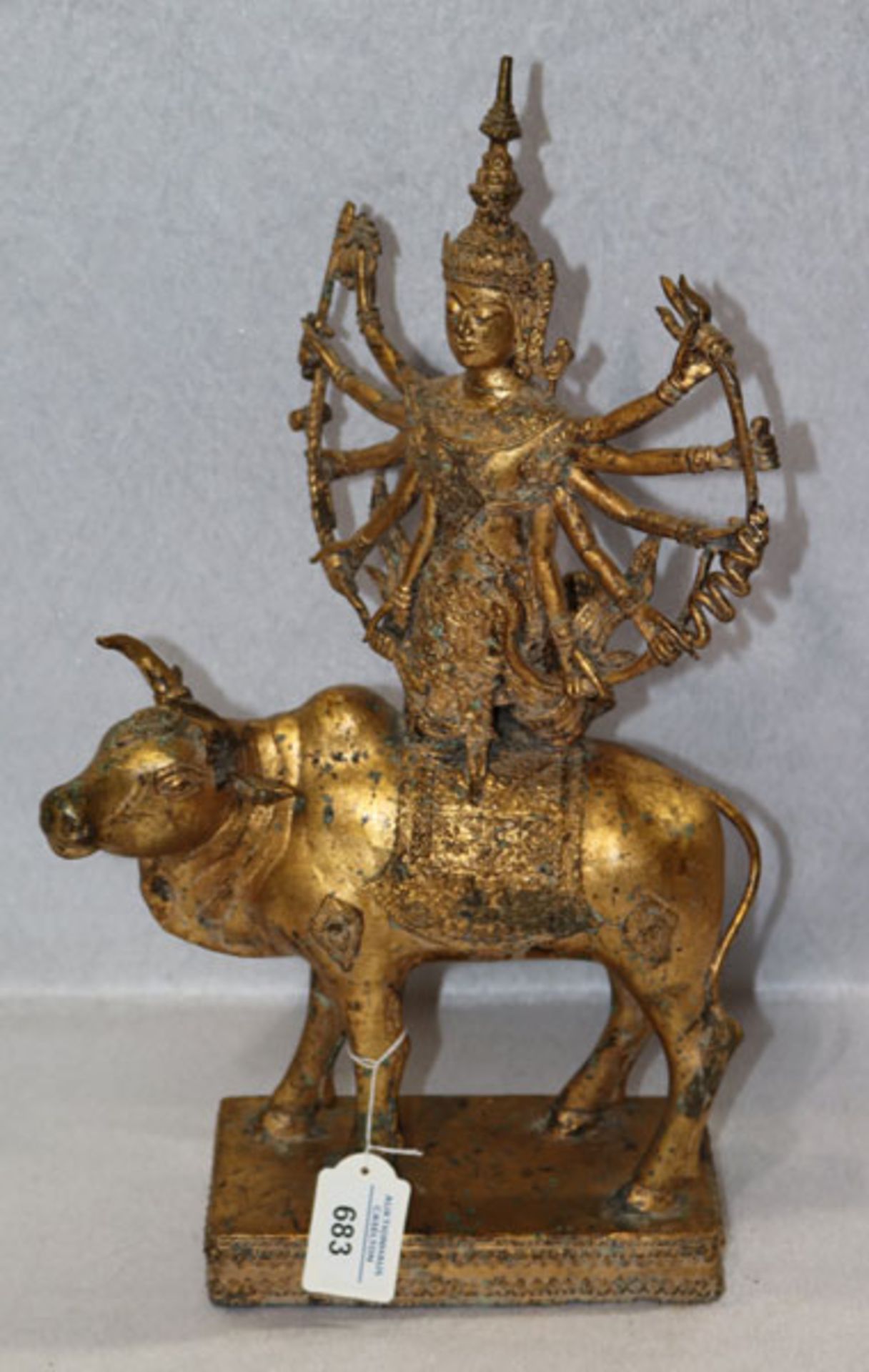 Figurenskulptur, Metallguß 'Shiva auf Stier', Thailand, Vergoldung teils berieben, H 45 cm, B 25 cm,