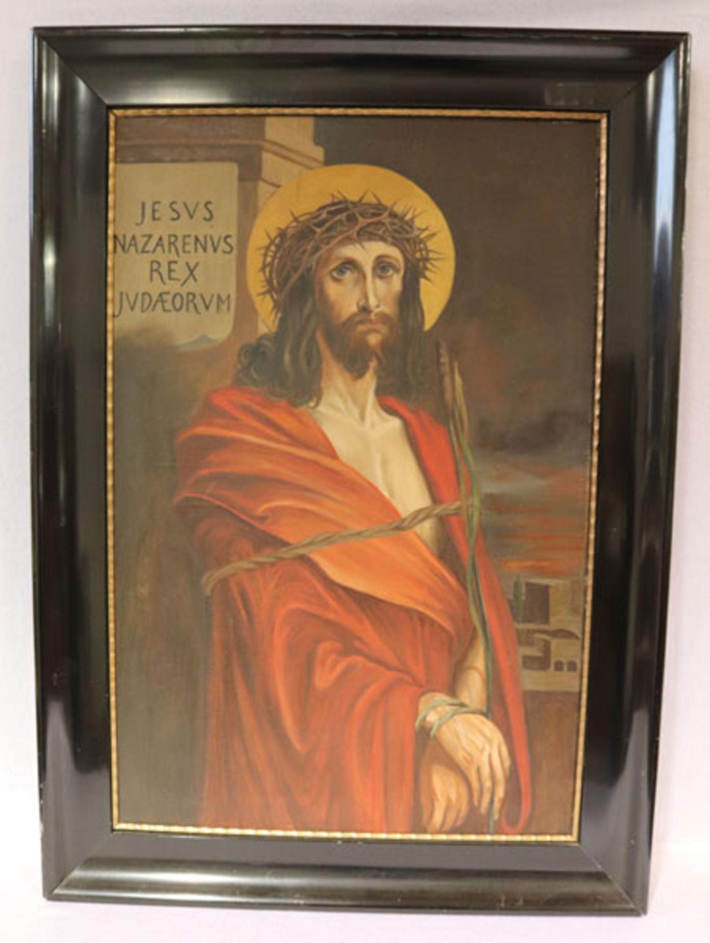 Gemälde ÖL/LW 'Jesus Nazarenus Rex Judaeorum', spät 19. Jahrhundert, gerahmt, Rahmen beschädigt,
