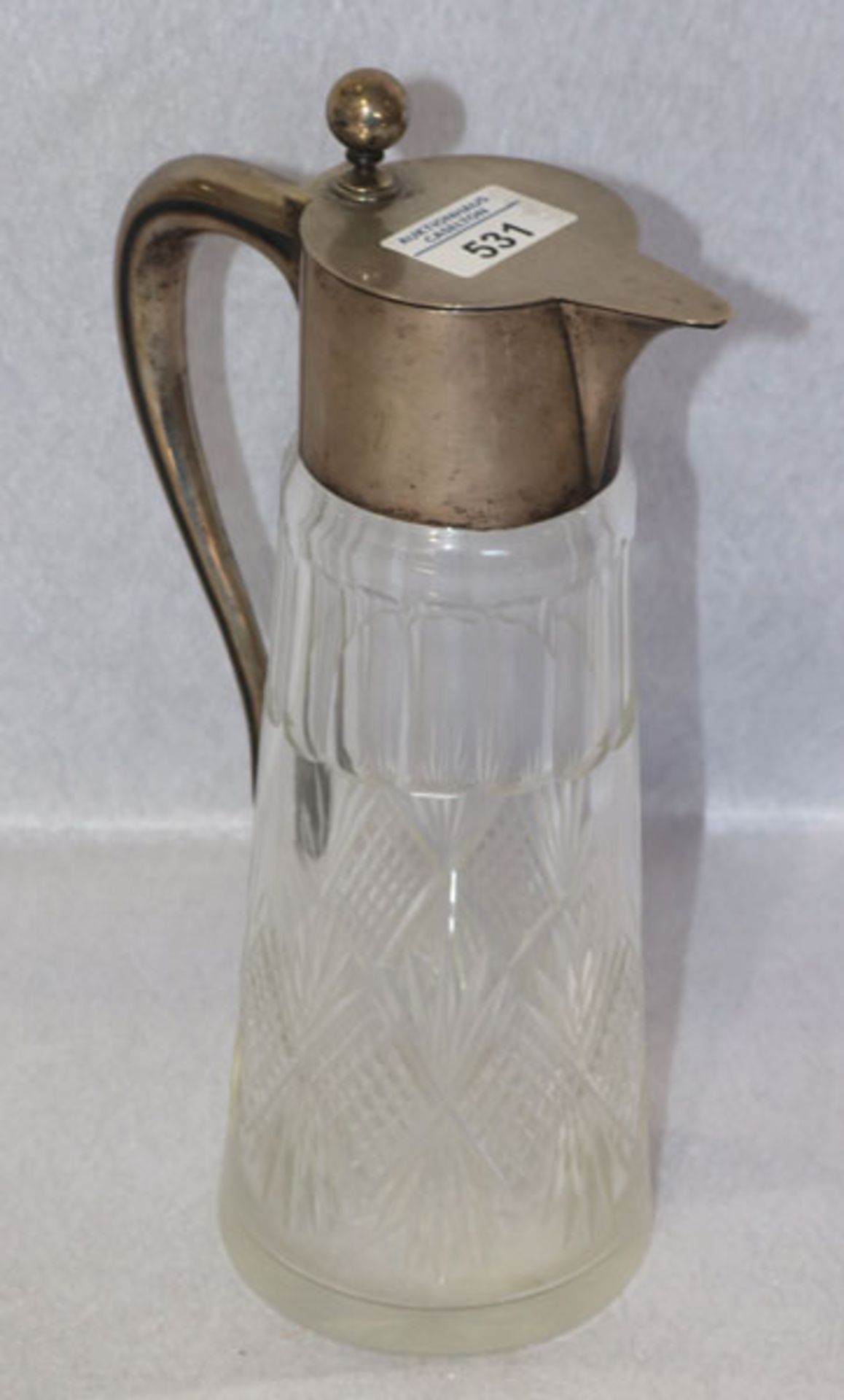 Glas Henkelkrug mit Schliffdekor und 800 Silbermontierung, H 29,5 cm, Gebrauchsspuren