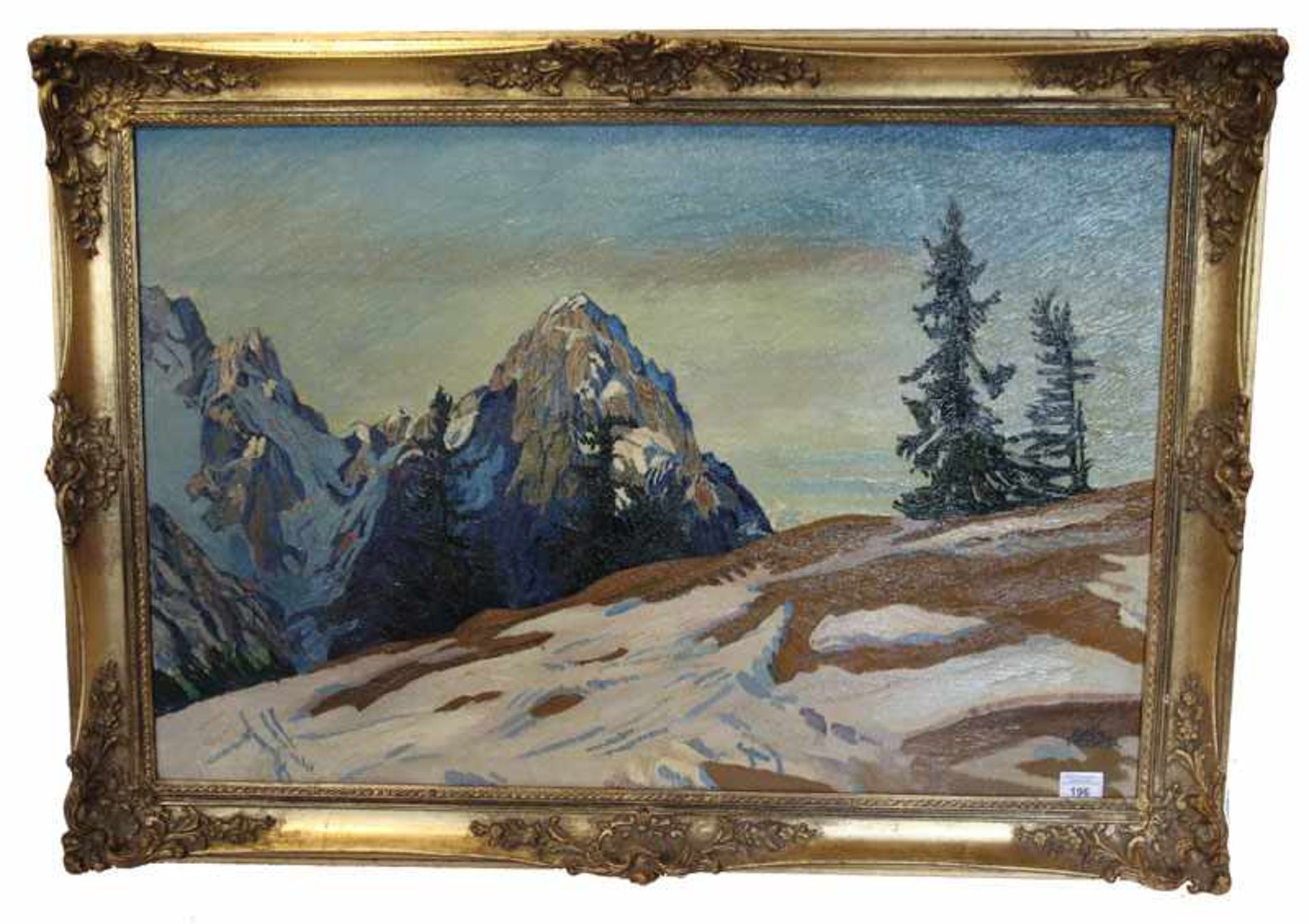Gemälde ÖL/LW 'Wettersteingebirge im Frühjahr', signiert Carl Reiser, * 1877 Partenkirchen + 1950