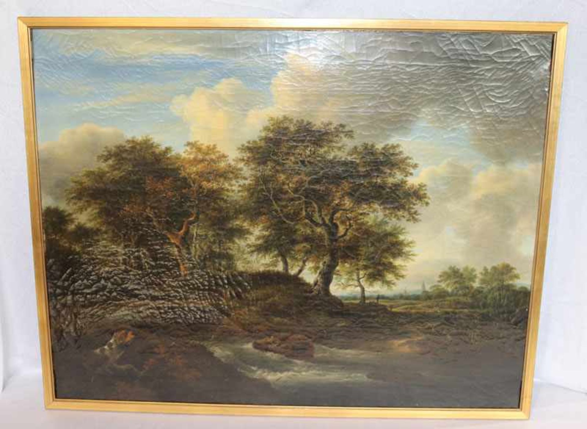 Gemälde ÖL/LW 'Landschafts-Szenerie mit Bachlauf', um 1800, Bildoberfläche mit Krakele, gerahmt,