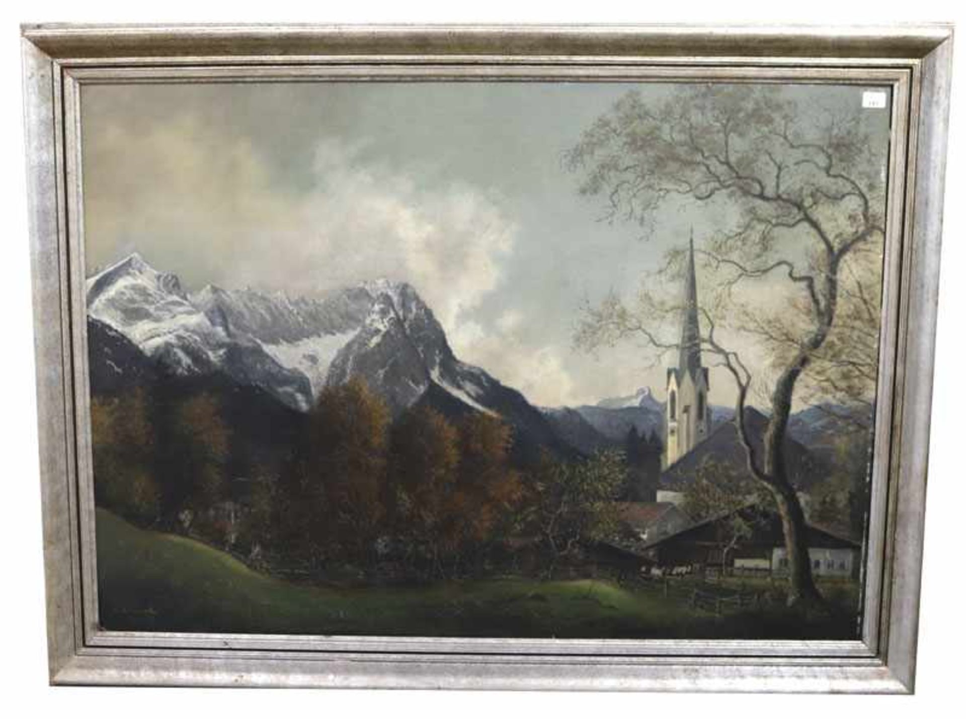 Gemälde ÖL/Hartfaser 'Garmisch vorm Wettersteingebirge', signert C. L. Loreck, datiert 50, Maler,
