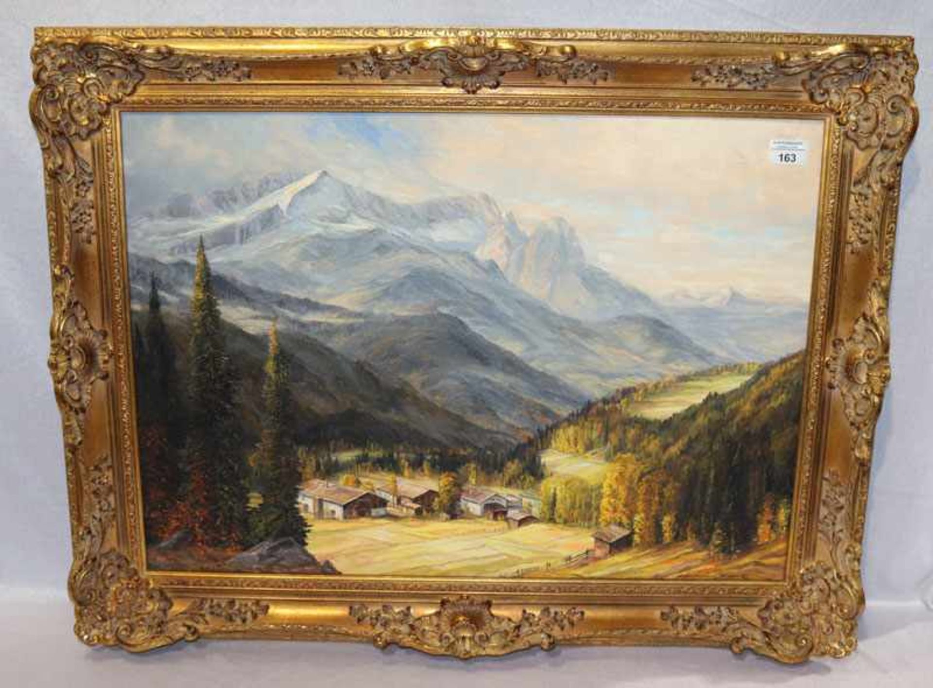 Gemälde ÖL/LW 'Blick aufs Wettersteingebirge', signiert Heinz, datiert 81, dekorativ gerahmt,