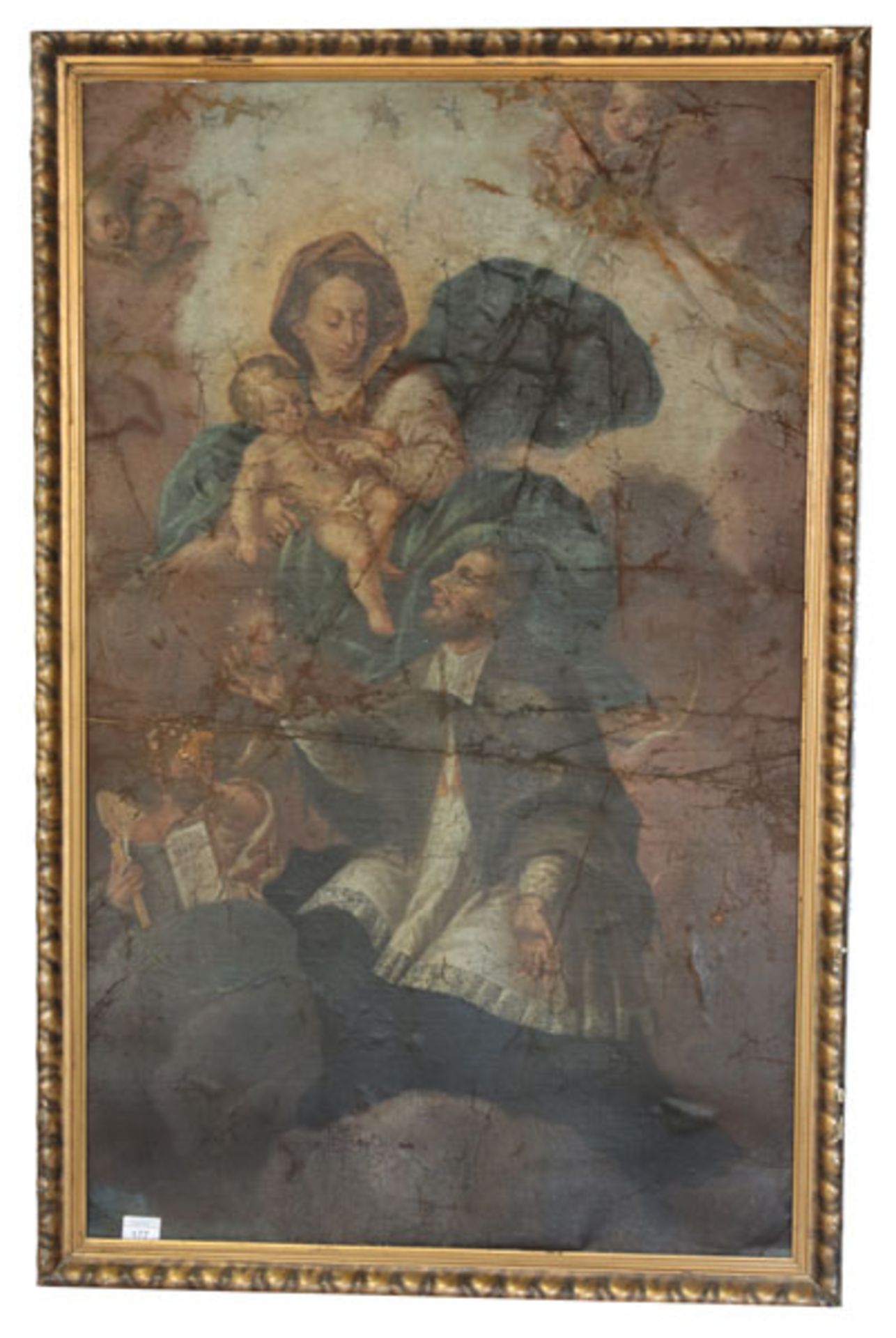 Gemälde ÖL/Karton 'Der heilige Augustinus mit Maria mit Kind', Bildoberfläche stark wellig und