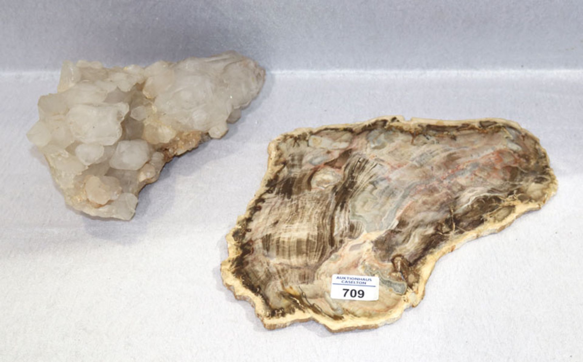 Bergkristall Stufe, H 12 cm, B 23 cm, T 12 cm, und Scheibe von versteinertem Holz, H 22 cm, B 32 cm