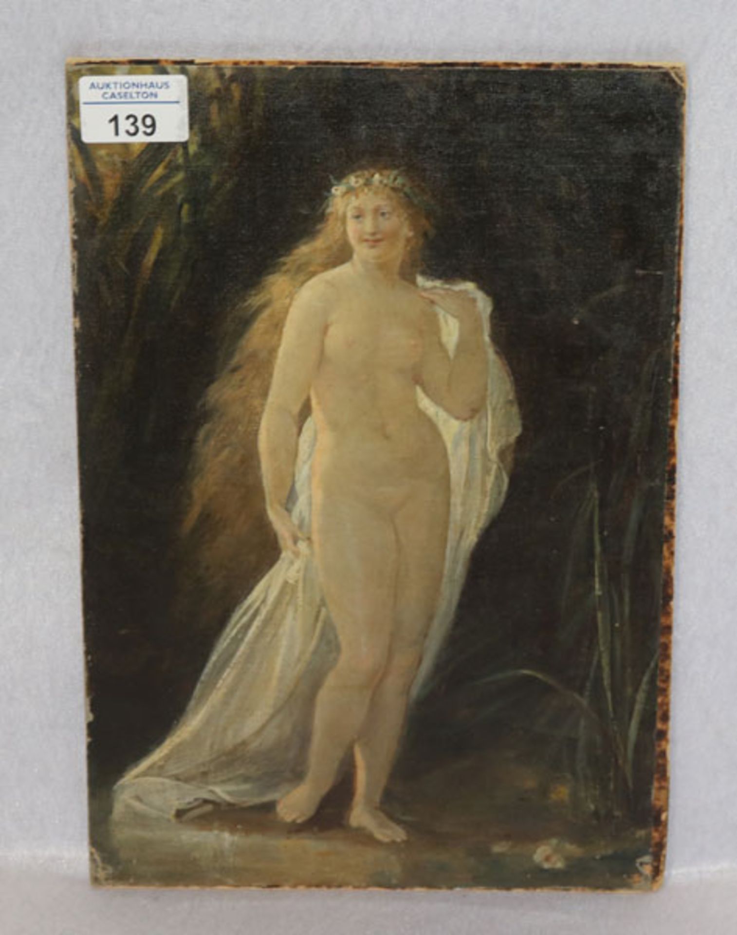 Gemälde ÖL/LW auf Malkarton geklebt 'Stehender Frauenakt', teils beschädigt, ohne Rahmen 32 cm x