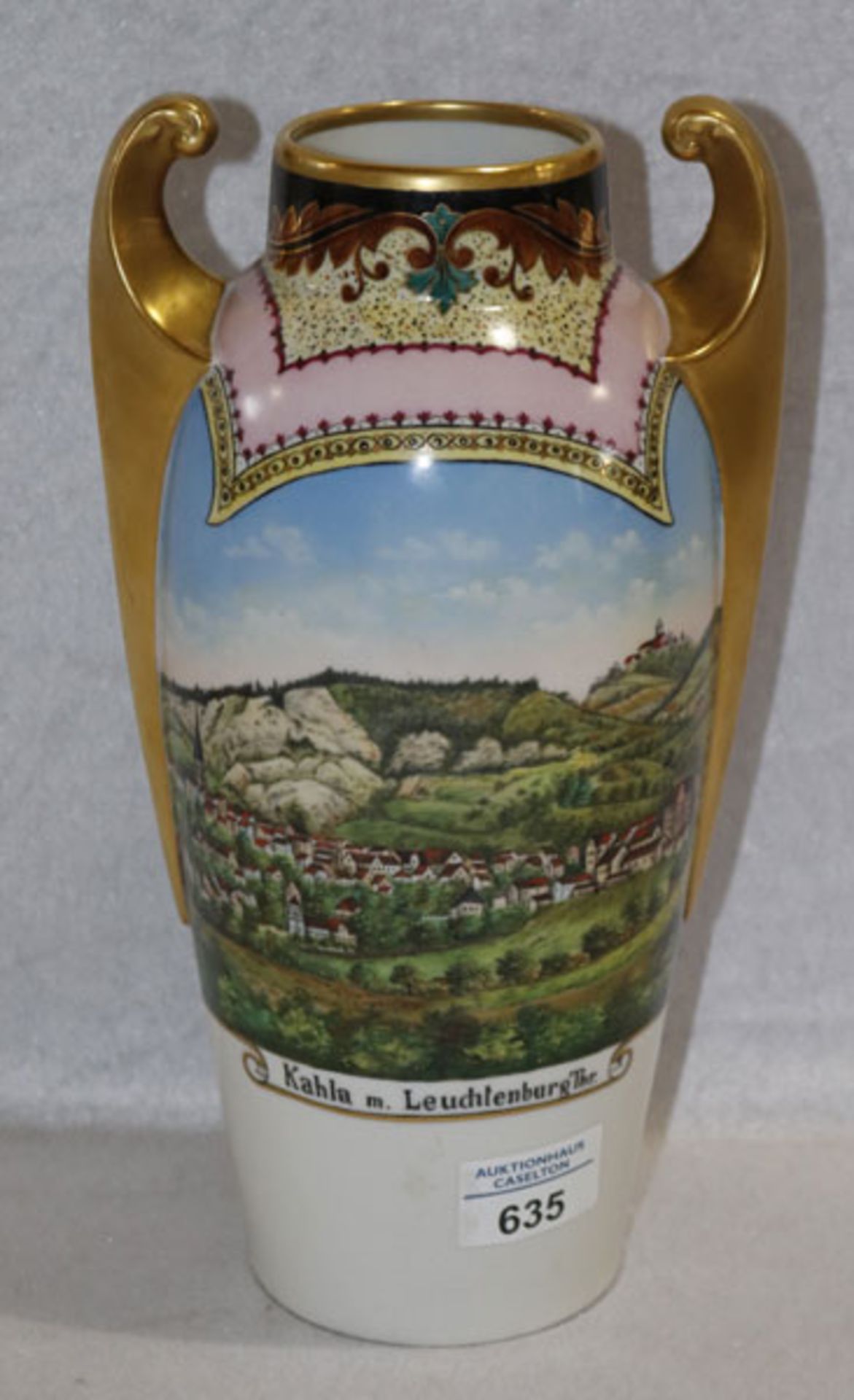 Porzellan Vase mit Bildnis 'Kahla m. Leuchtenburg Thr.', rückseitig mit Widmung, H 29 cm, D 15 cm,