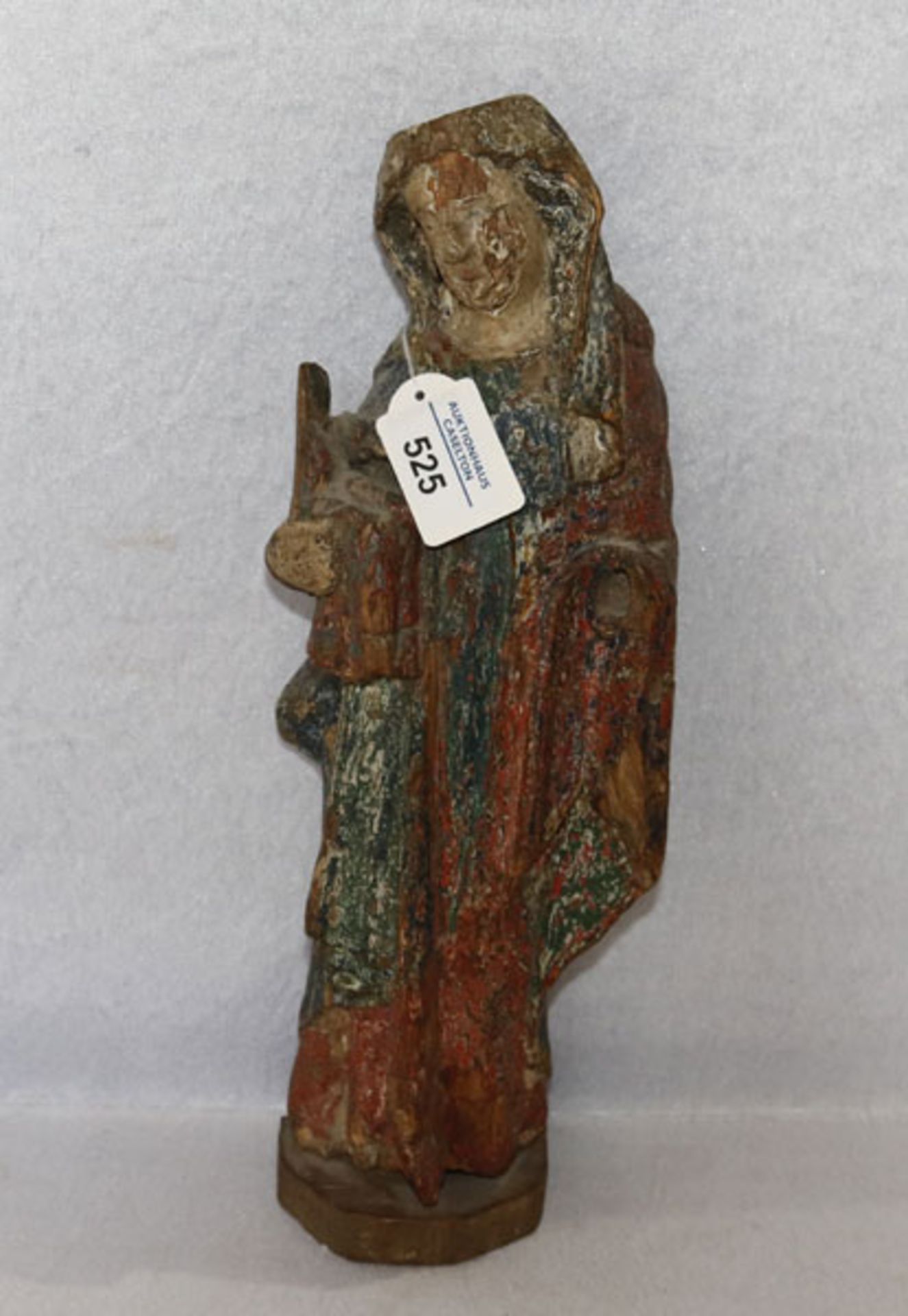 Holz Figurenskulptur 'Maria', Restfassung, um 1800, stark beschädigt und nicht komplett, H 37 cm