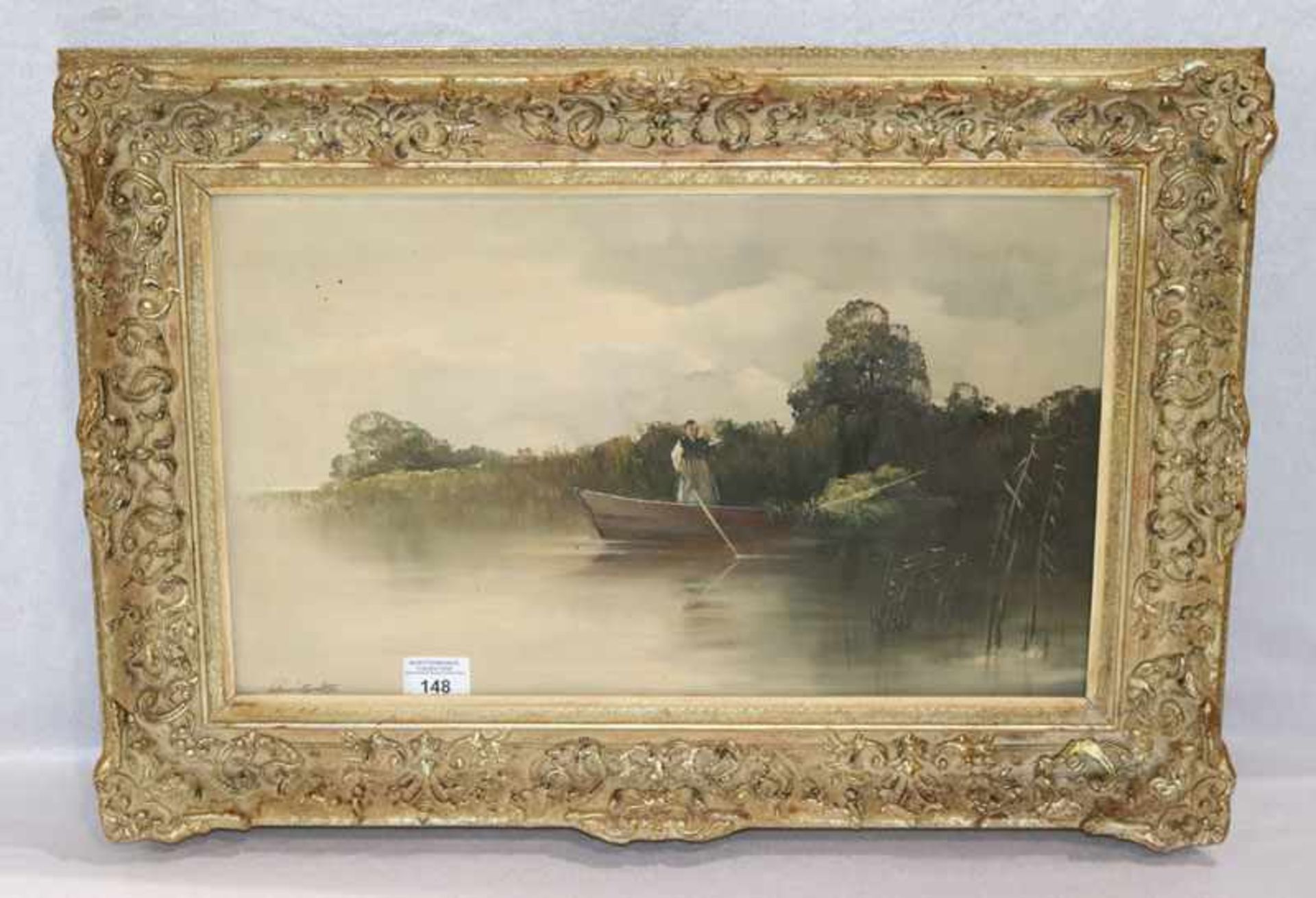 Gemälde ÖL/Hartfaser 'Ufer-Szenerie mit Ruderboot', undeutlich signiert, gerahmt, Rahmen