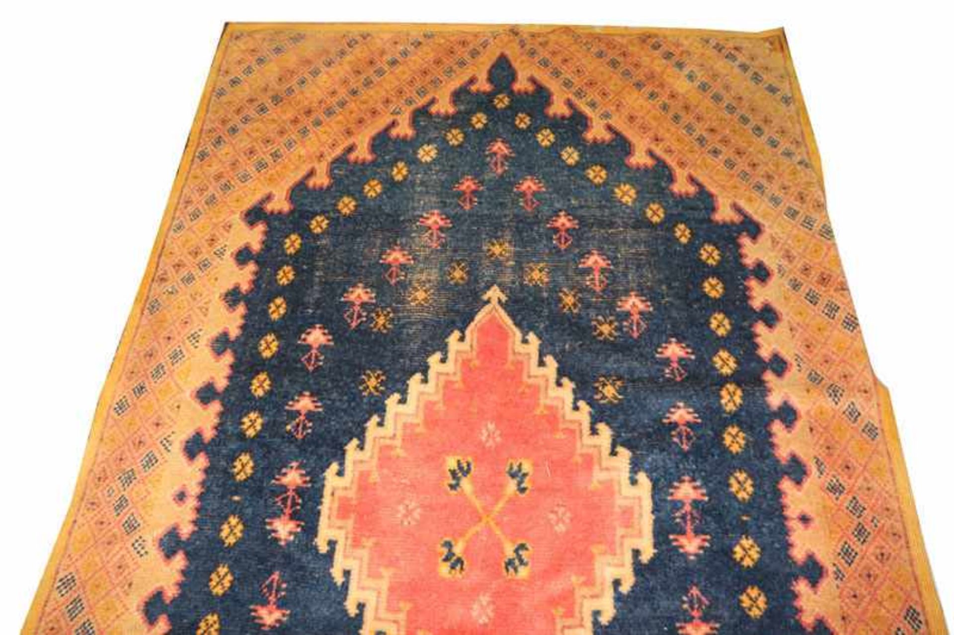 Teppich, blau/gelb/rot, stark beschädigt und gebraucht, 265 cm x 151 cm