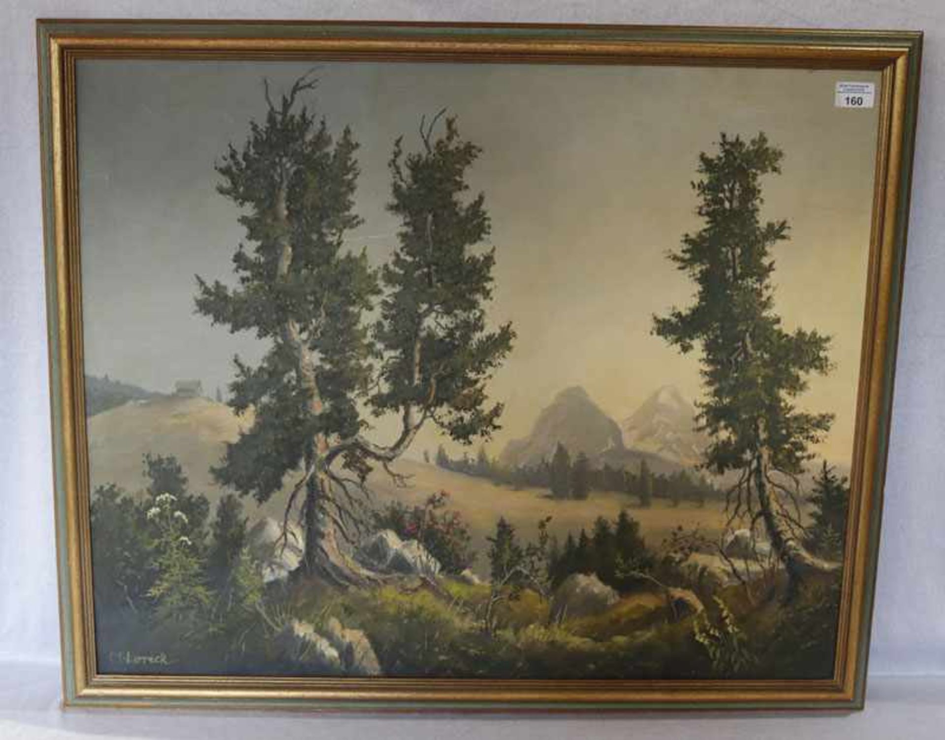 Gemälde ÖL/Malkarton 'Zirben im Hochgebirge', signiert C. L. Loreck, Maler, Aquarellist,