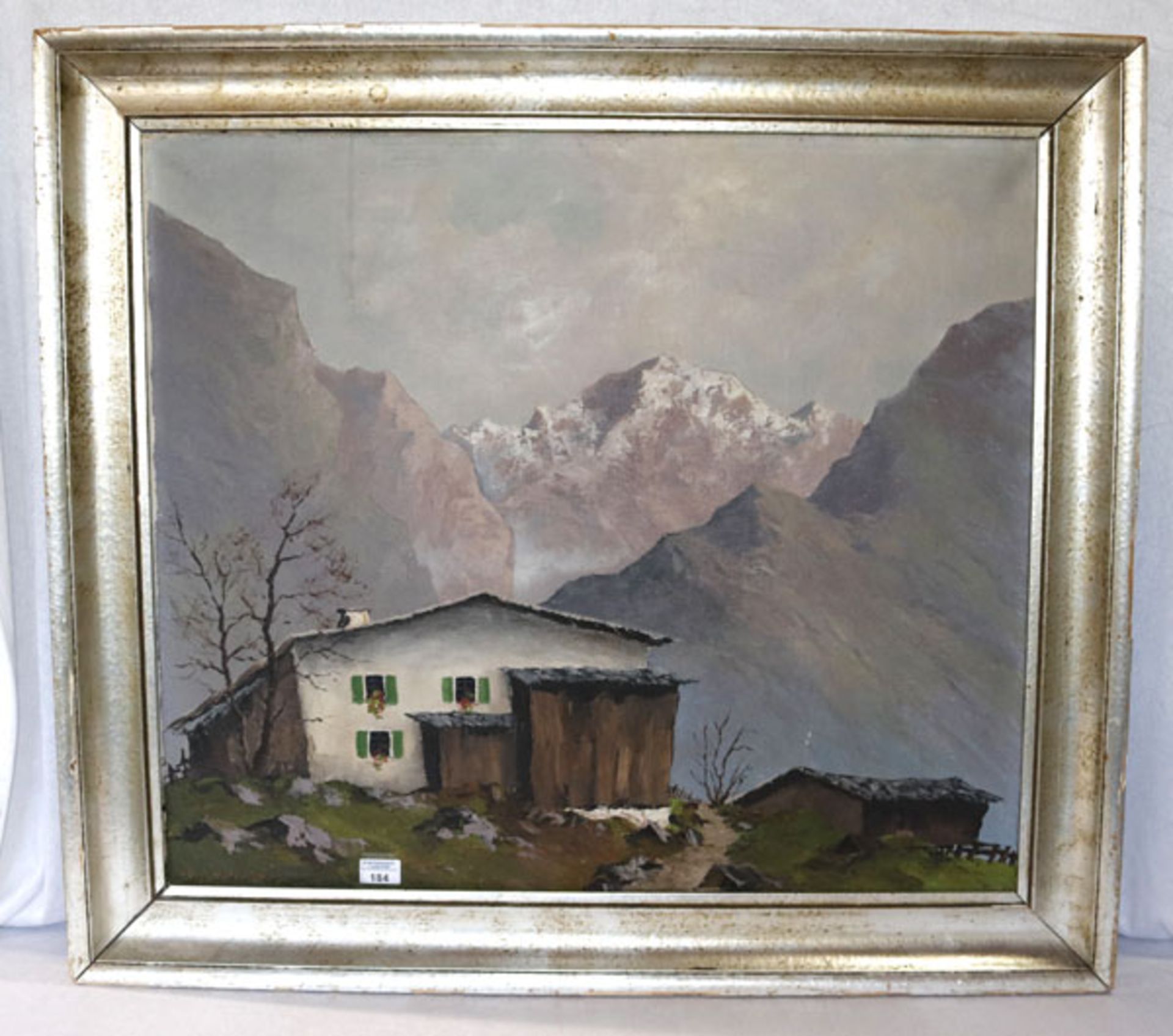 Gemälde ÖL/LW 'Bauernhaus im Hochgebirge', signiert Jak. Hecker, Münchner Maler, 20. Jahrhundert,