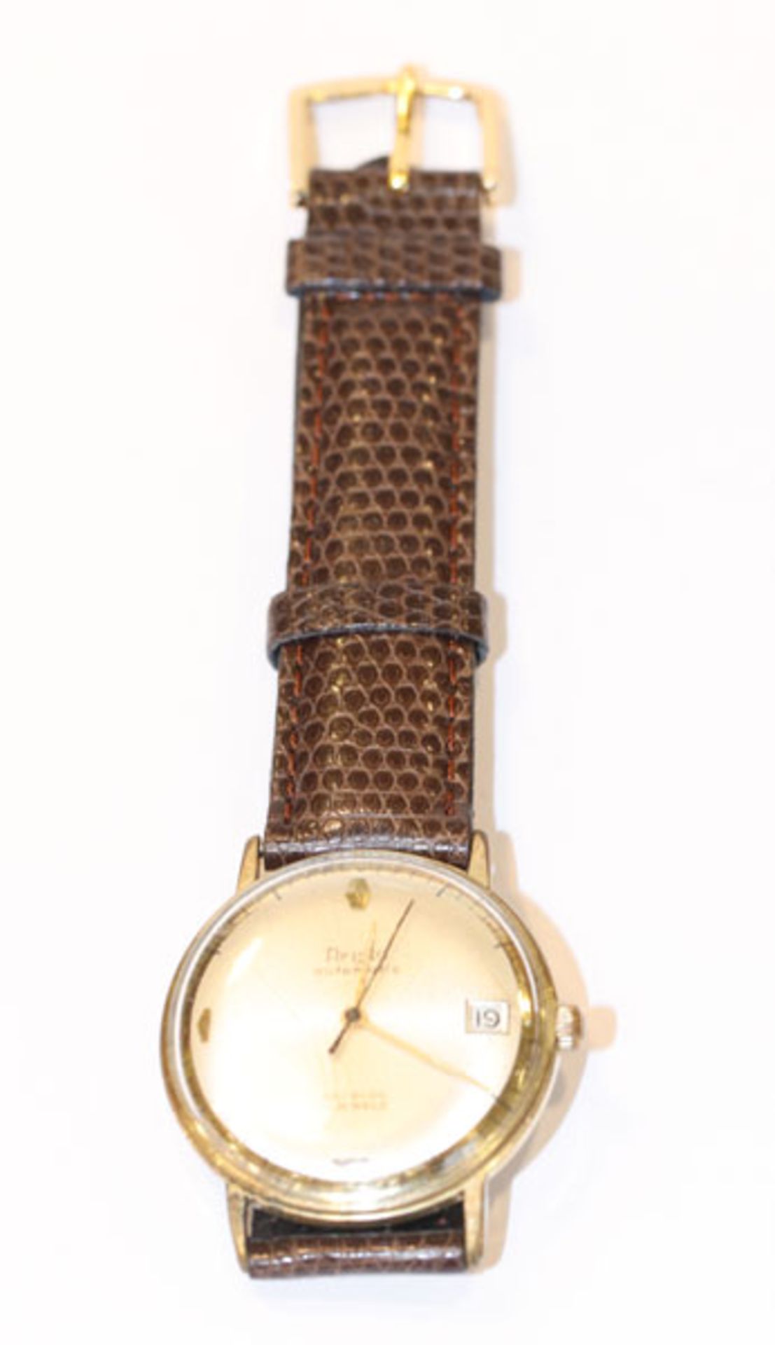 Aristo automatic Herren-Armbanduhr mit Datumsanzeige, um 1965, intakt, an braunem Lederarmband