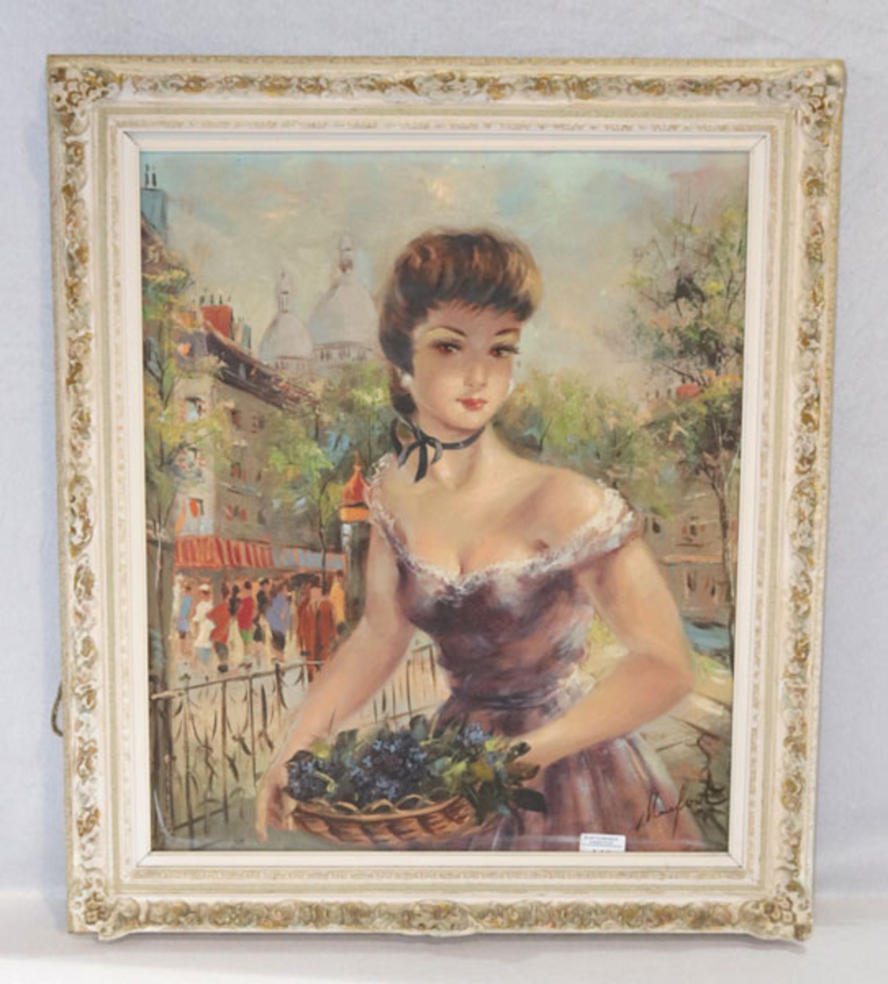 Gemälde ÖL/LW 'Dame mit Blumenkorb vor Pariser Straßen-Szenerie', signiert Manfort ?, gerahmt,