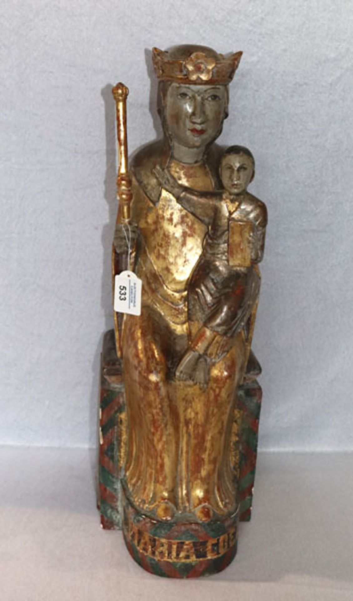 Holz Figurenskulptur 'Maria mit Kind', farbig gefaßt, Fassung beschädigt, H 60 cm, B 22 cm, T 25 cm