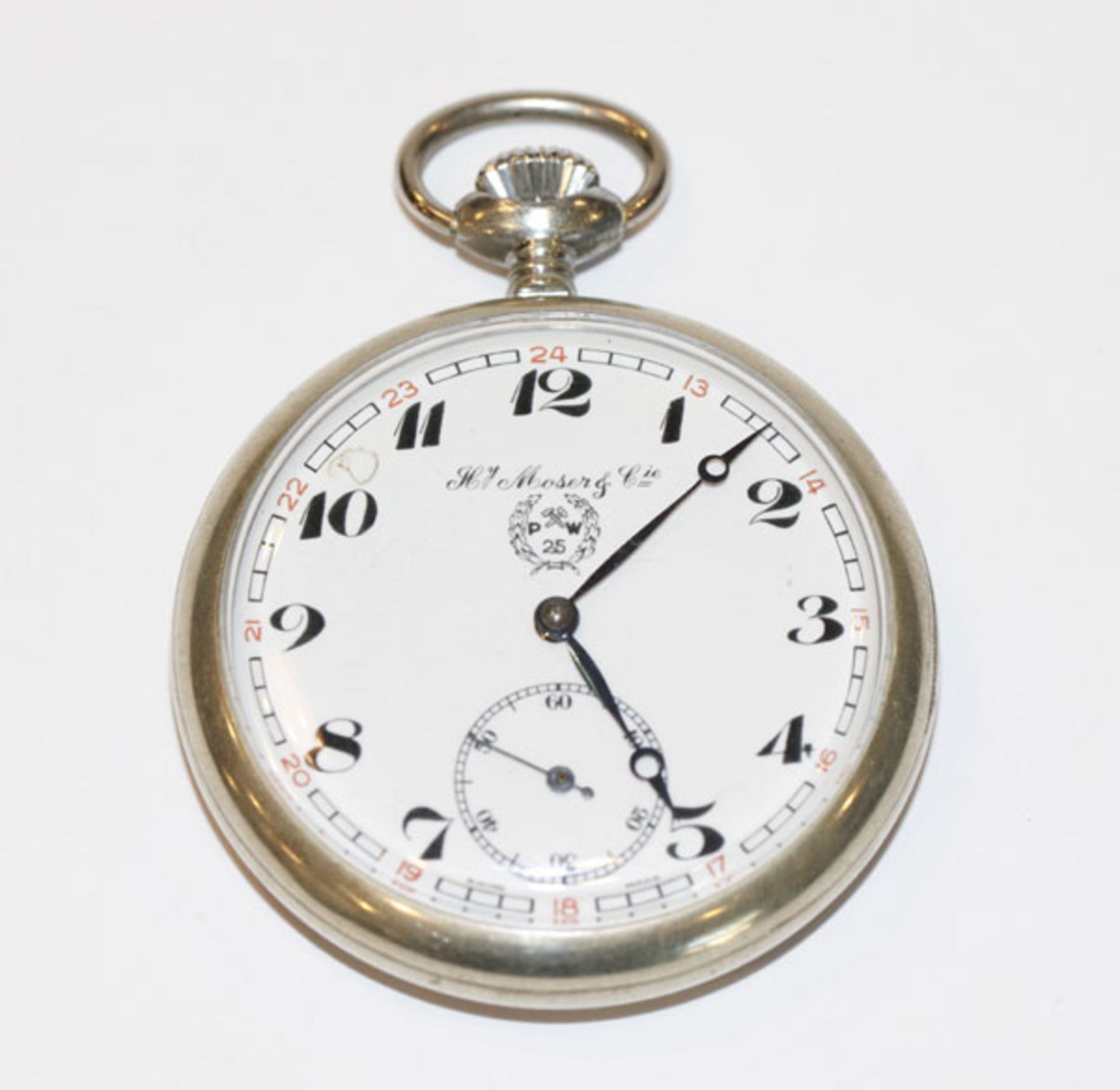 Stahl Taschenuhr Firma H. Moser & Cie., Schweiz, intakt, D 5 cm, Tragespuren