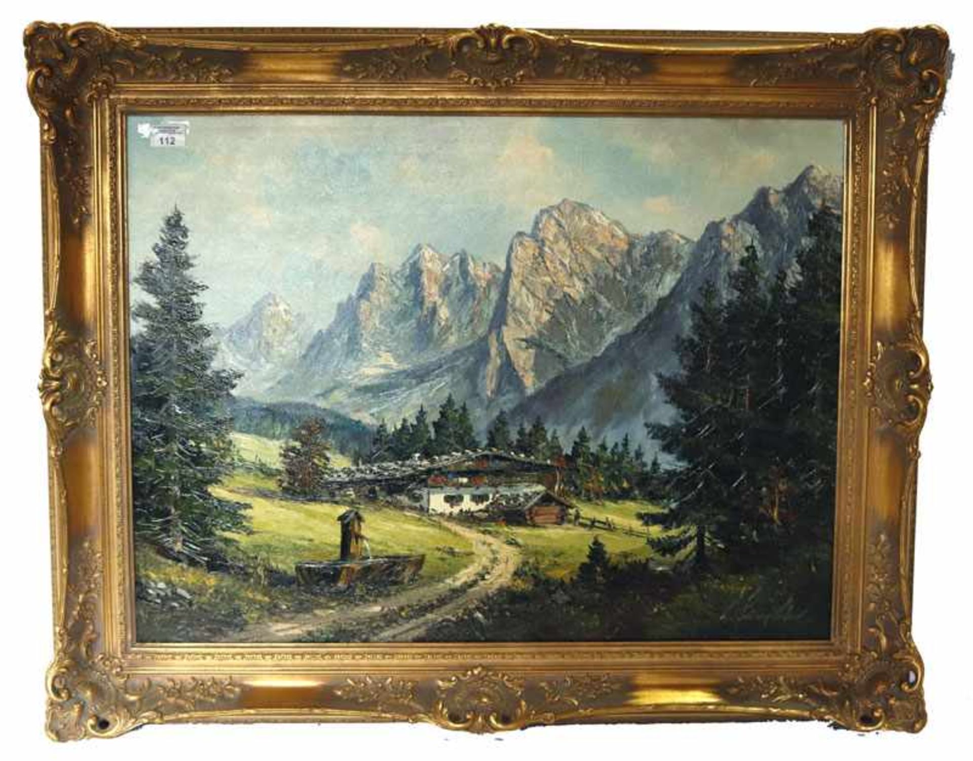 Gemälde ÖL/LW 'Bauernhaus im Hochgebirge', unleserlich signiert, gerahmt, incl. Rahmen 80 cm x 98