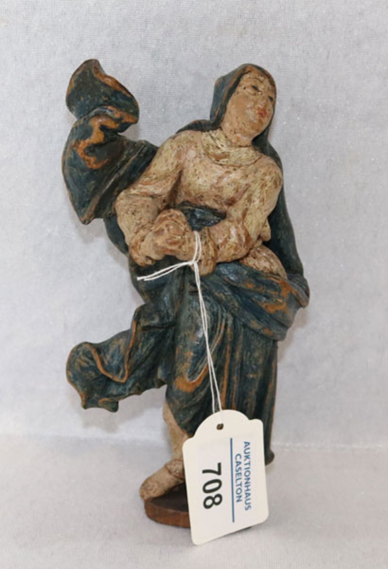 Holz Figurenskulptur 'Magdalena', wohl Assistenzfigur, farbig gefaßt, 19. Jahrhundert, H 17 cm,