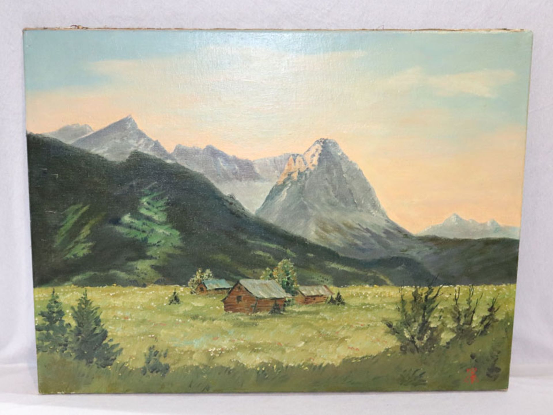 Gemälde ÖL/LW 'Sommerwiese vor Wettersteingebirge', datiert 1947, ohne Rahmen 60 cm x 80 cm