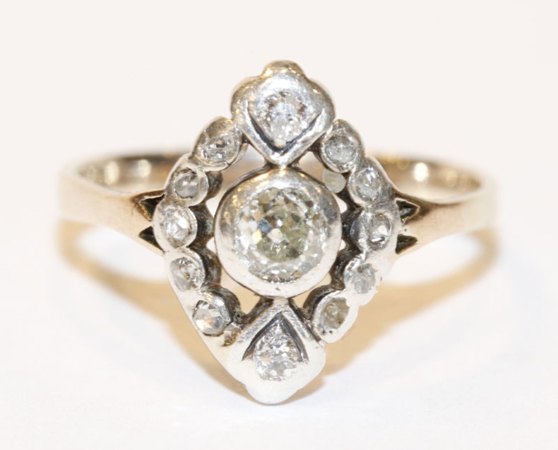 14 k Gelbgold Ring mit in Silber gefaßten Diamanten, Gr. 55