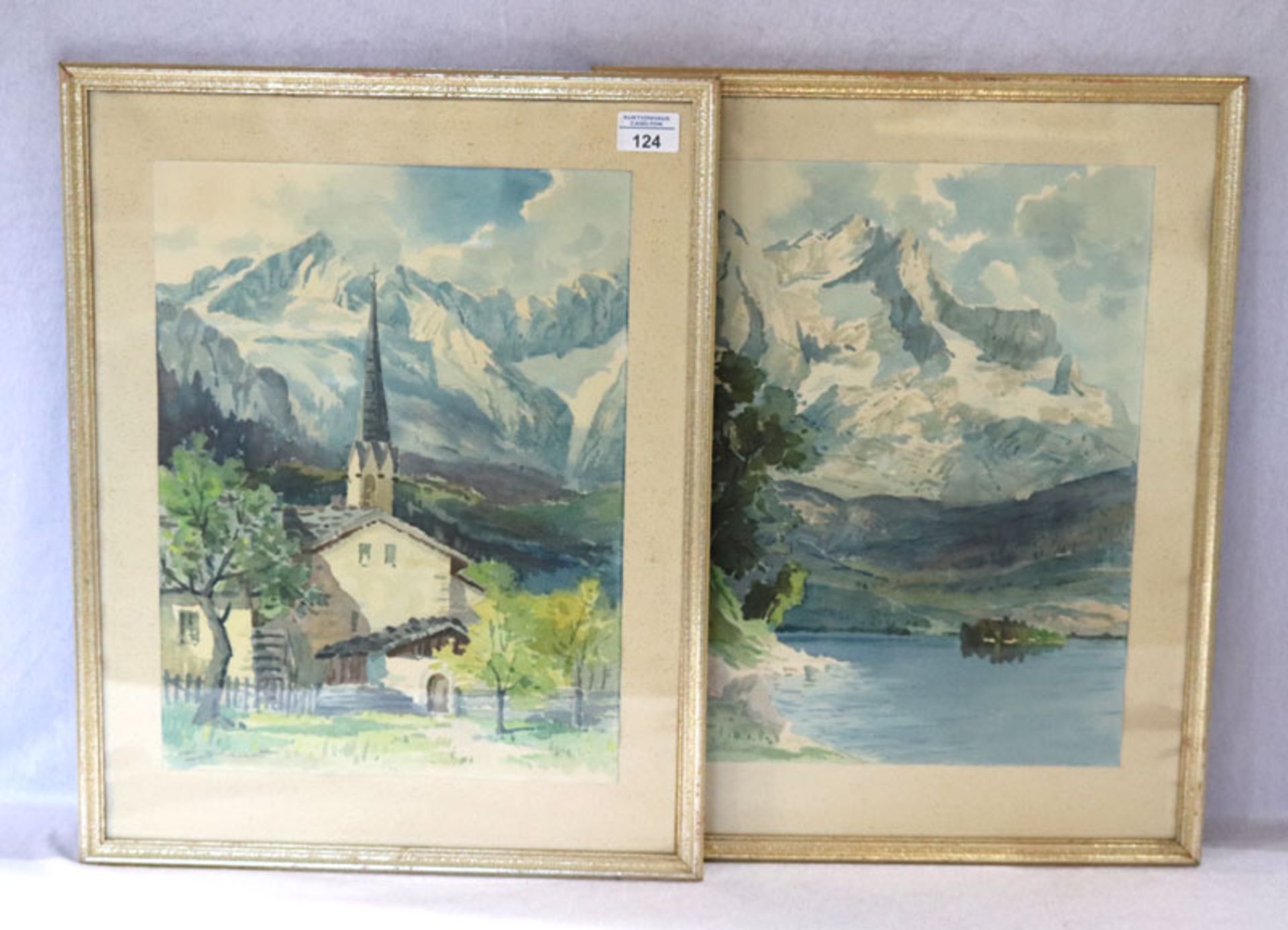 2 Aquarelle 'Partenkirchner Kirche vor Wettersteingebirge' und 'Eibsee mit Zugspitze', beide