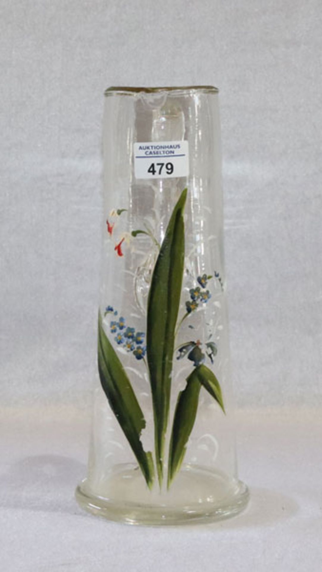 Glas Henkelkrug mit Blumenbemalung, H 30 cm, Gebrauchsspuren