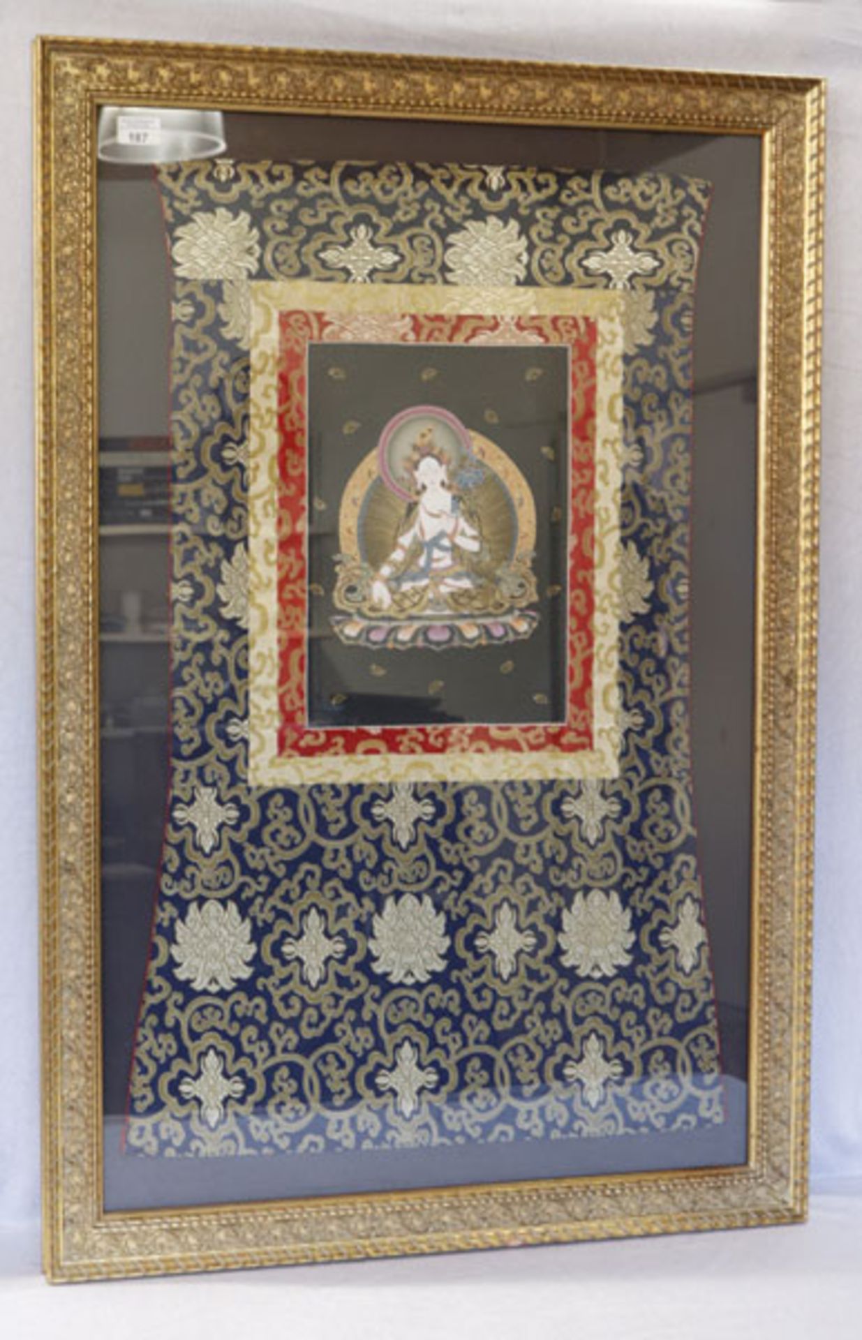 Asiatisches Bild 'Buddha' auf Stoff, unter Glas gerahmt, Rahmen bestossen, incl. Rahmen 110 cm x