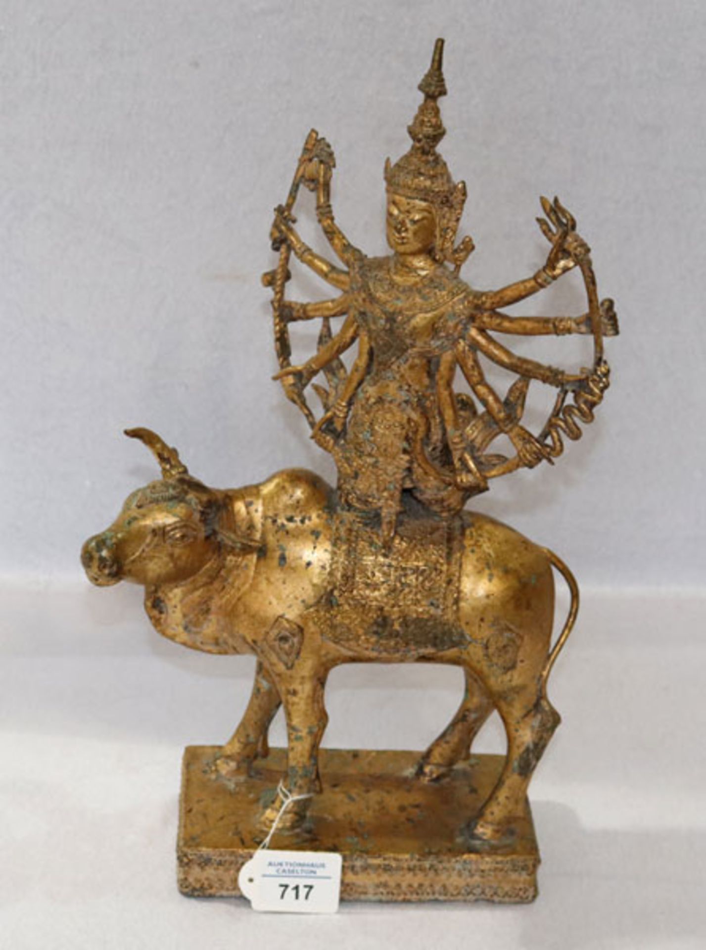Figurenskulptur, Metallguß 'Shiva auf Stier', Thailand, Vergoldung teils berieben, H 45 cm, B 25 cm,