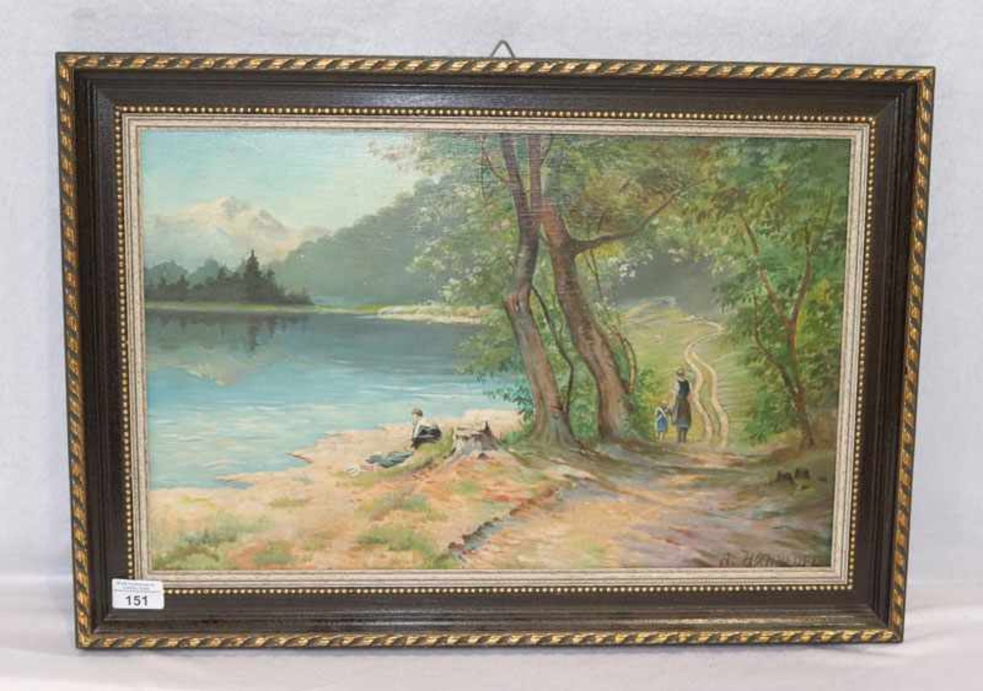 Gemälde ÖL/Malkarton 'Familie am Gebirgssee', signiert A. Hochsieder, gerahmt, incl. Rahmen 44 cm