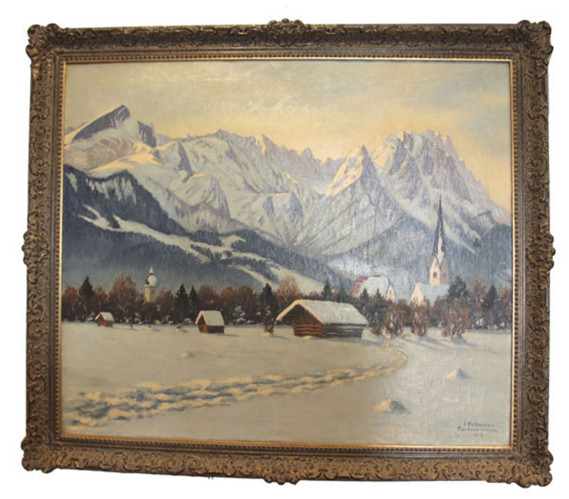 Gemälde ÖL/LW 'Blick aufs Wettersteingebirge im Winter', signiert J. Hellmann, Partenkirchen,