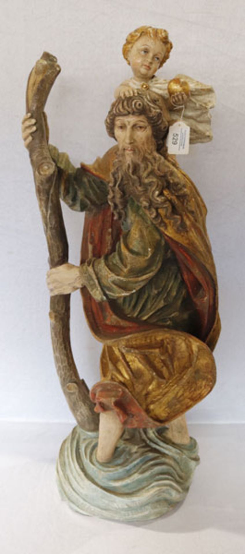 Holz Figurenskulptur 'Heiliger Christophorus', farbig gefaßt, Fassung teils beschädigt, H 90 cm, B