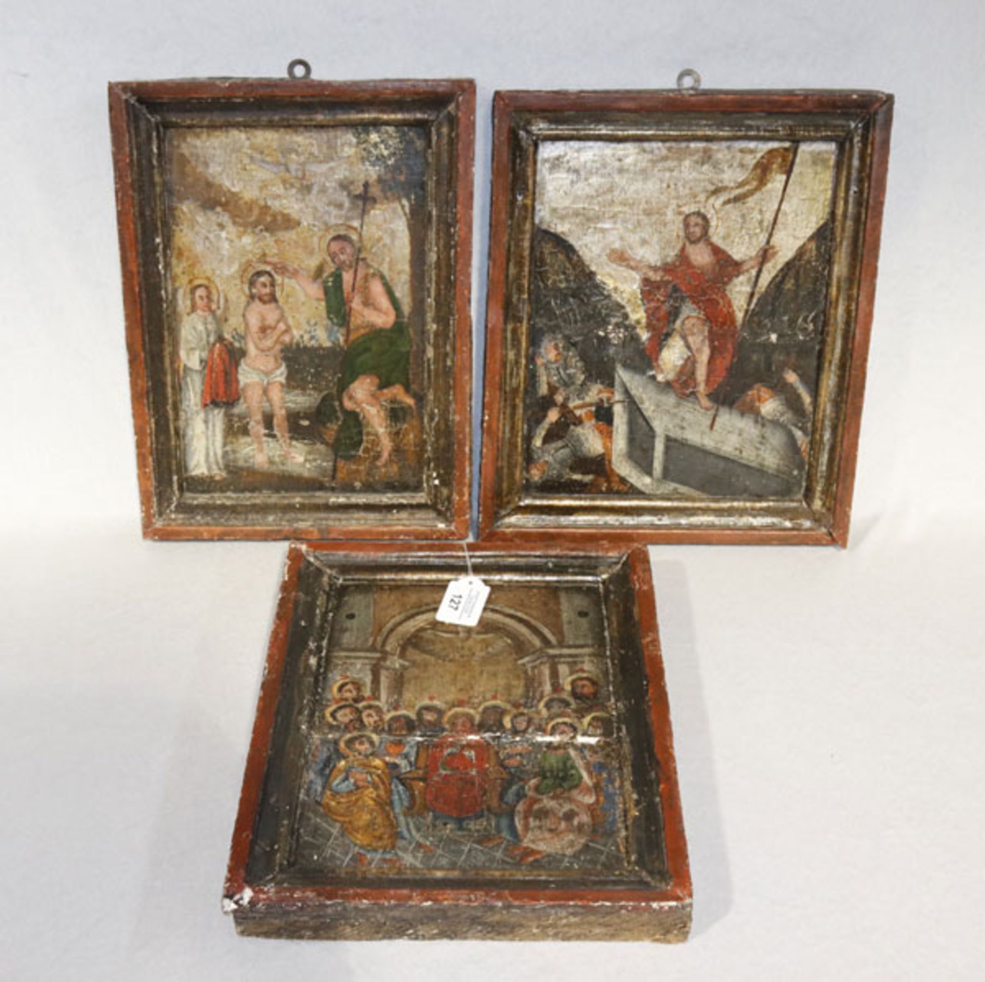 3 Gemälde auf Holz mit religiösen Szenerien 'Johannes der Täufer', 'Abendmahl' und 'Auferstehung',