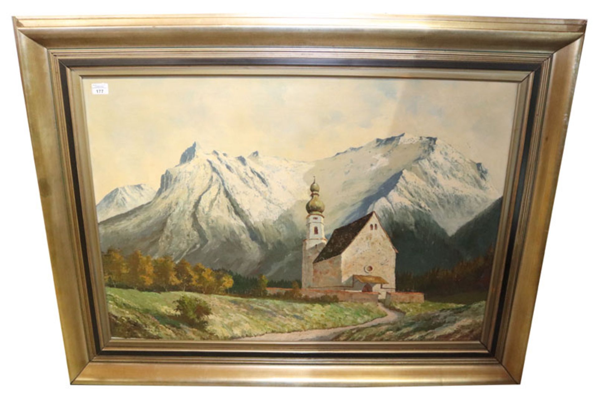 Gemälde ÖL/LW 'Kapelle vor Hochgebirge', unleserlich signiert, gerahmt, Rahmen beschädigt, incl.